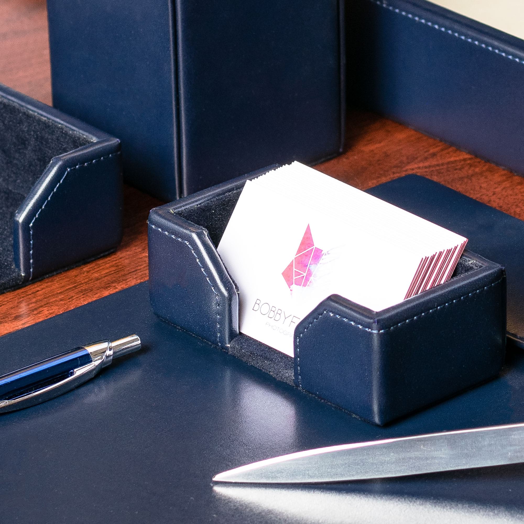 Navy Blue Bonded Leather 9-Piece Desk Set
