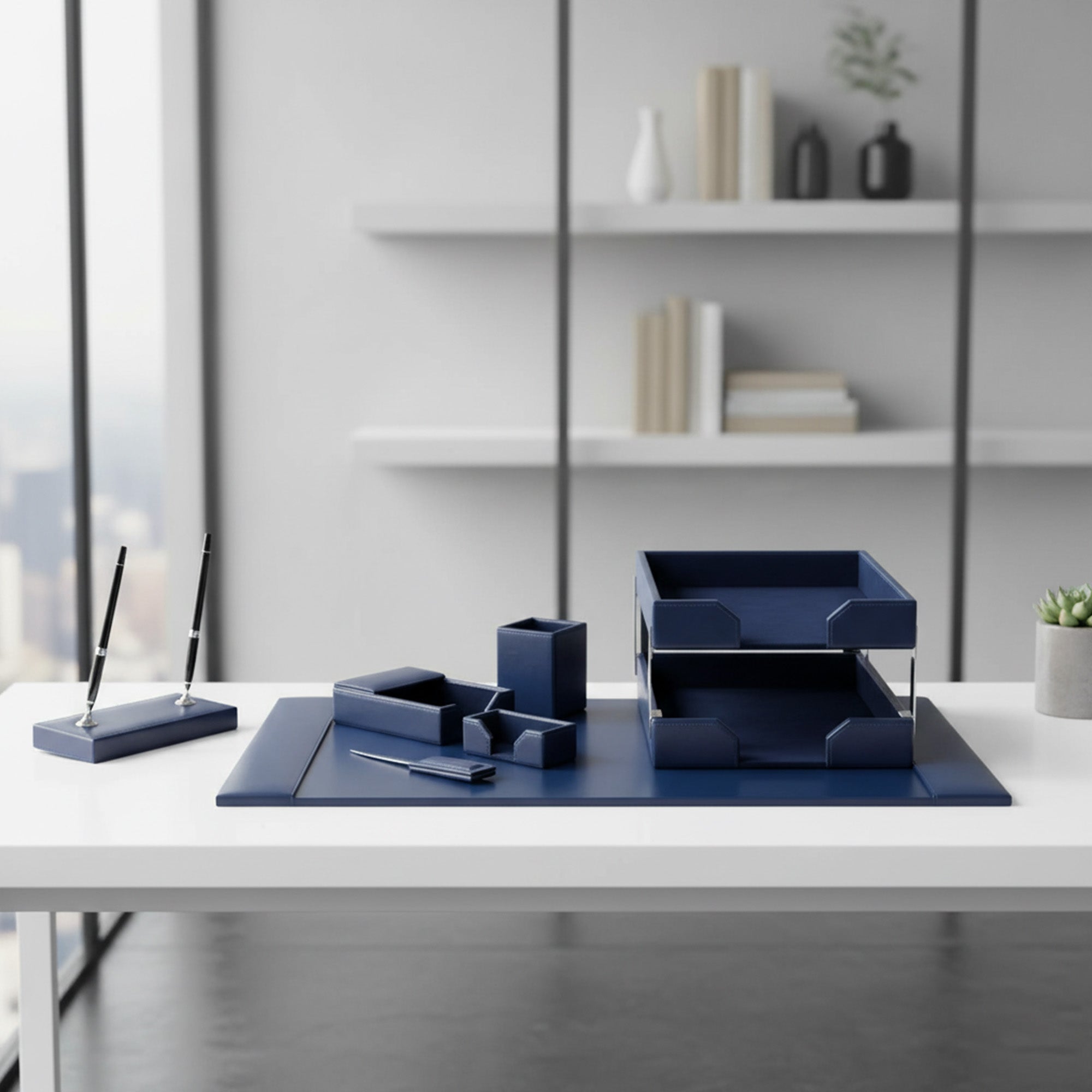 Navy Blue Bonded Leather 9-Piece Desk Set