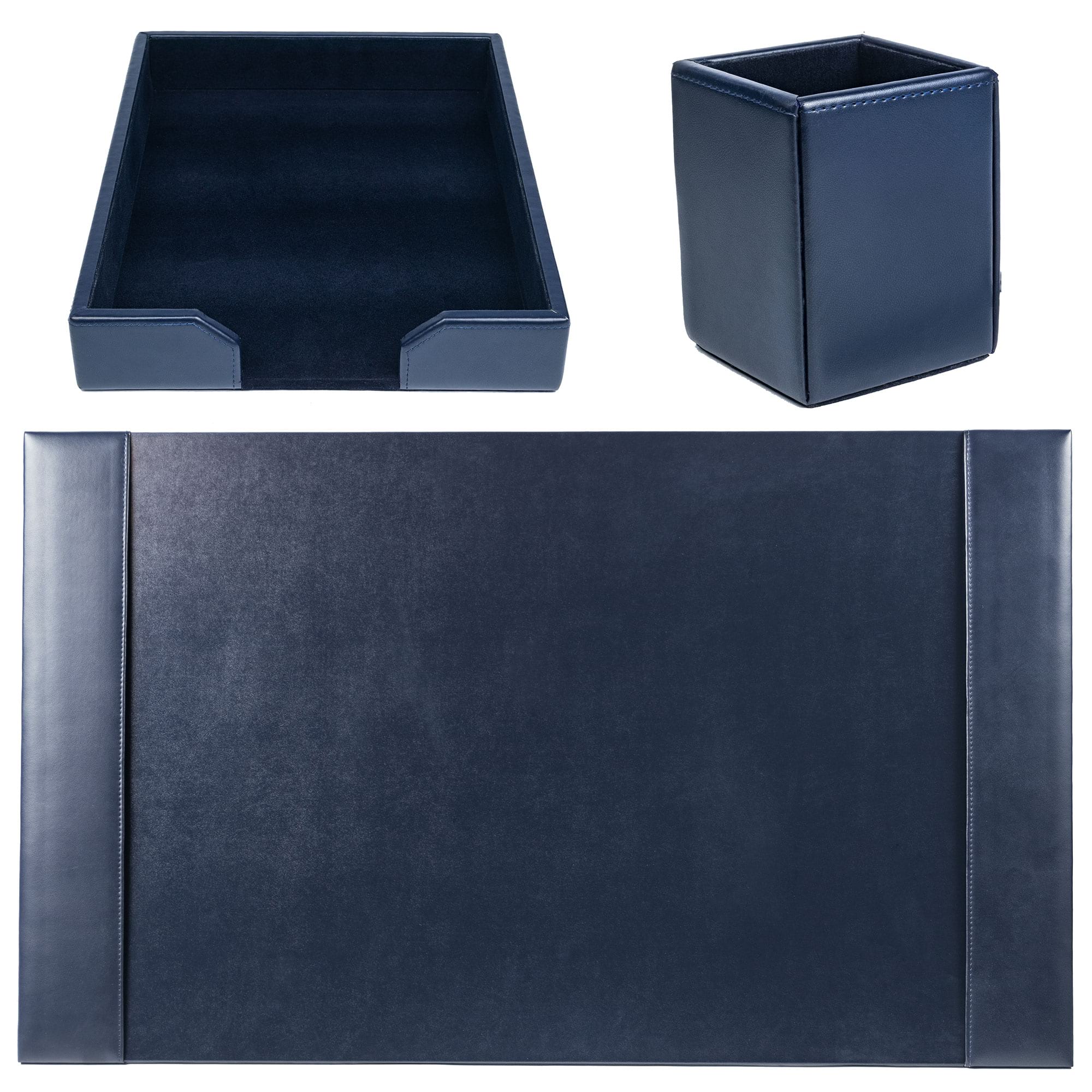 Navy Blue Bonded Leather 3-Piece Desk Set