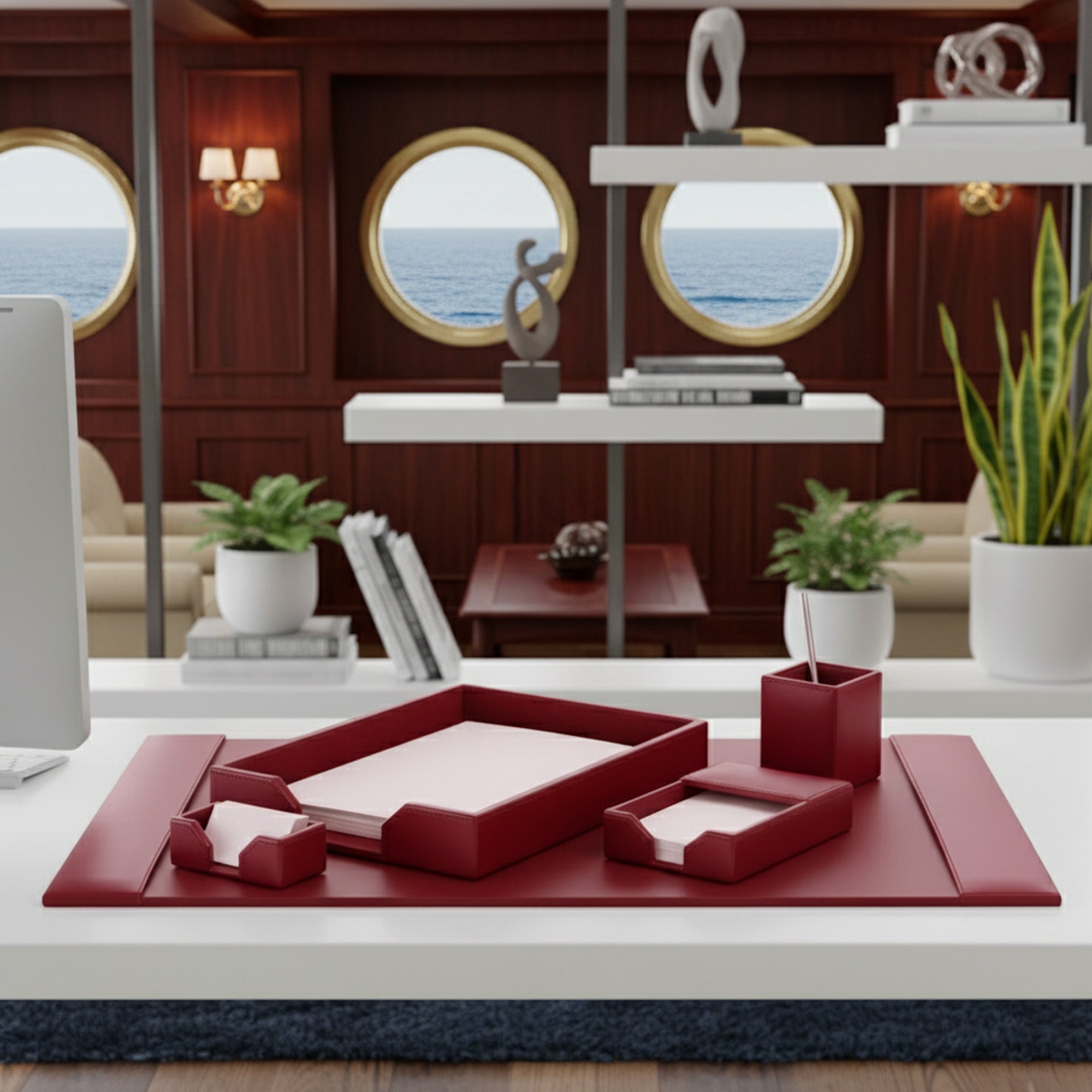 Burgundy Bonded Leather 5-Piece Desk Set