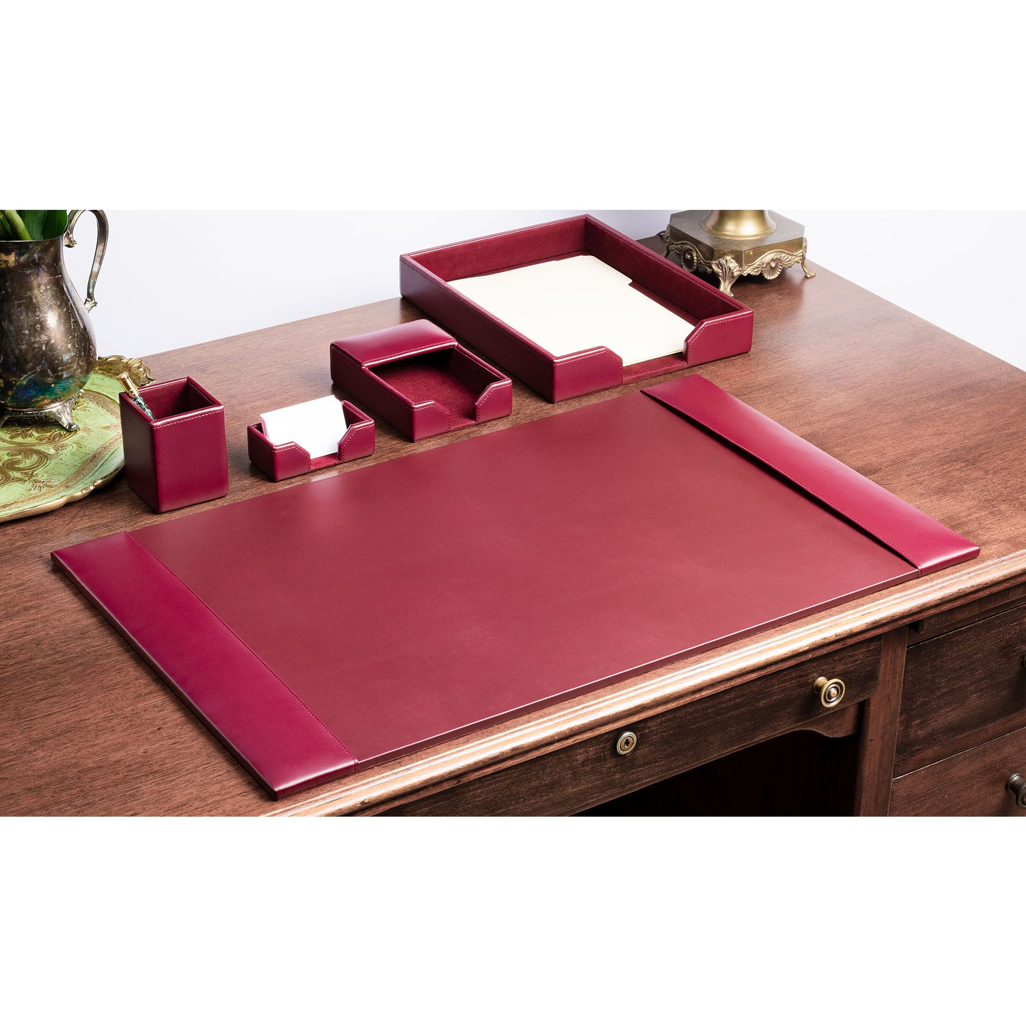 Burgundy Bonded Leather 5-Piece Desk Set