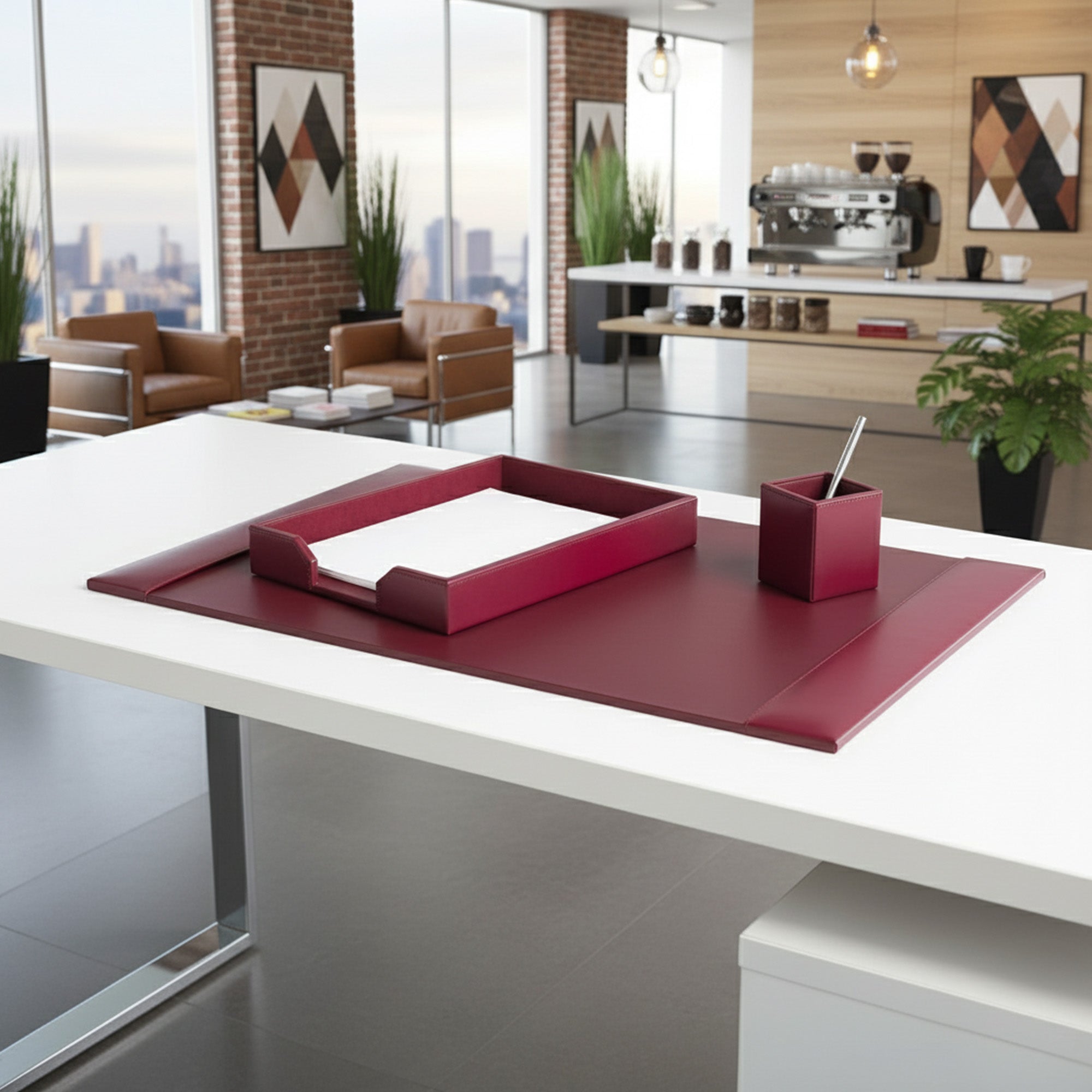 Burgundy Bonded Leather 3-Piece Desk Set