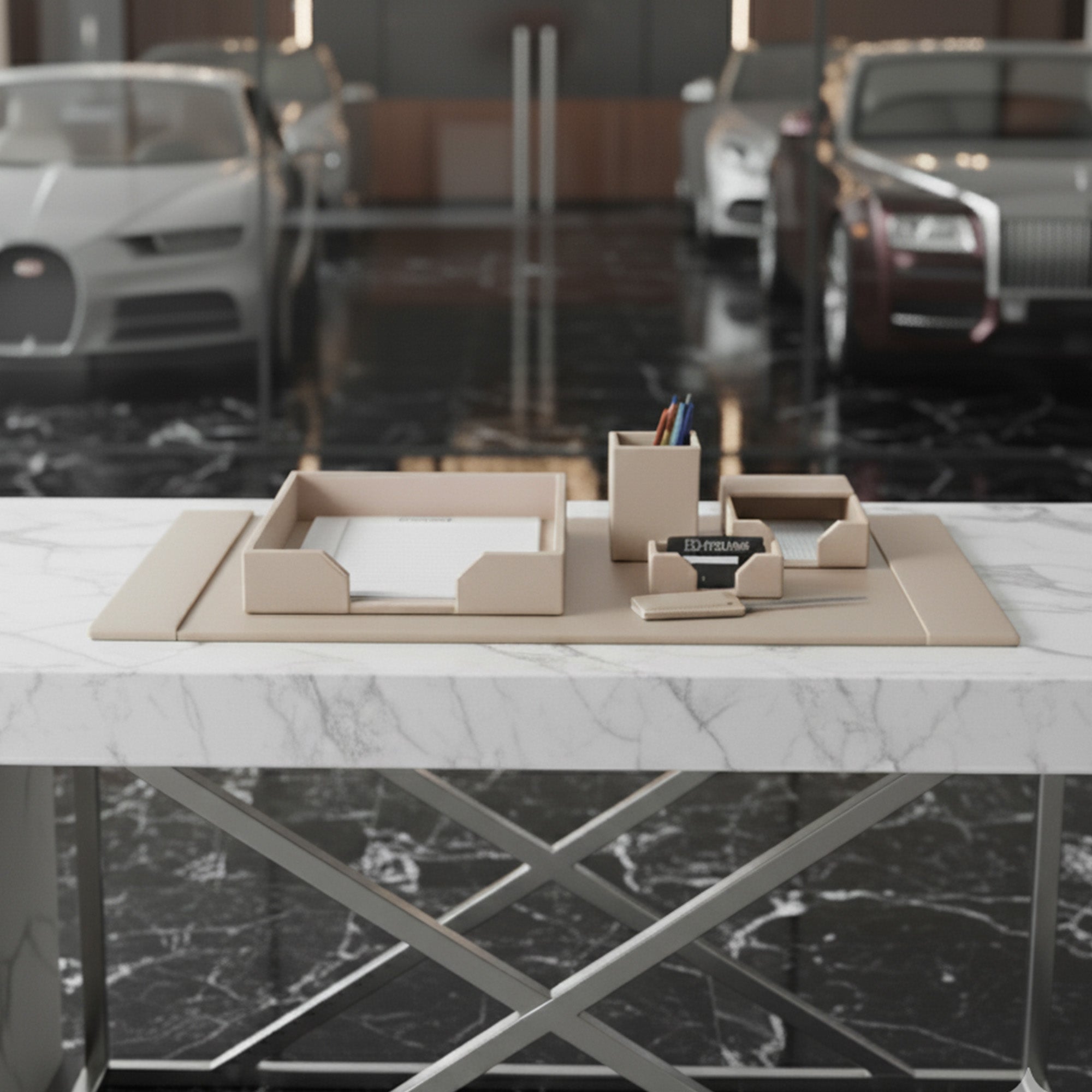 White Latte Bonded Leather 6-Piece Desk Set