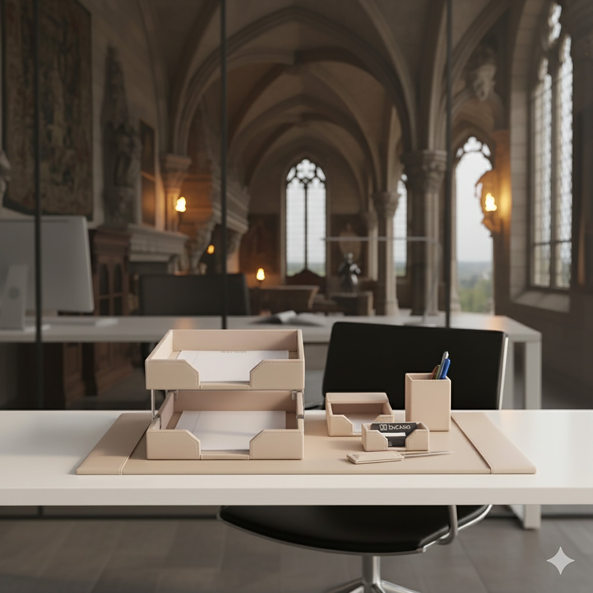 White Latte Bonded Leather 8-Piece Desk Set