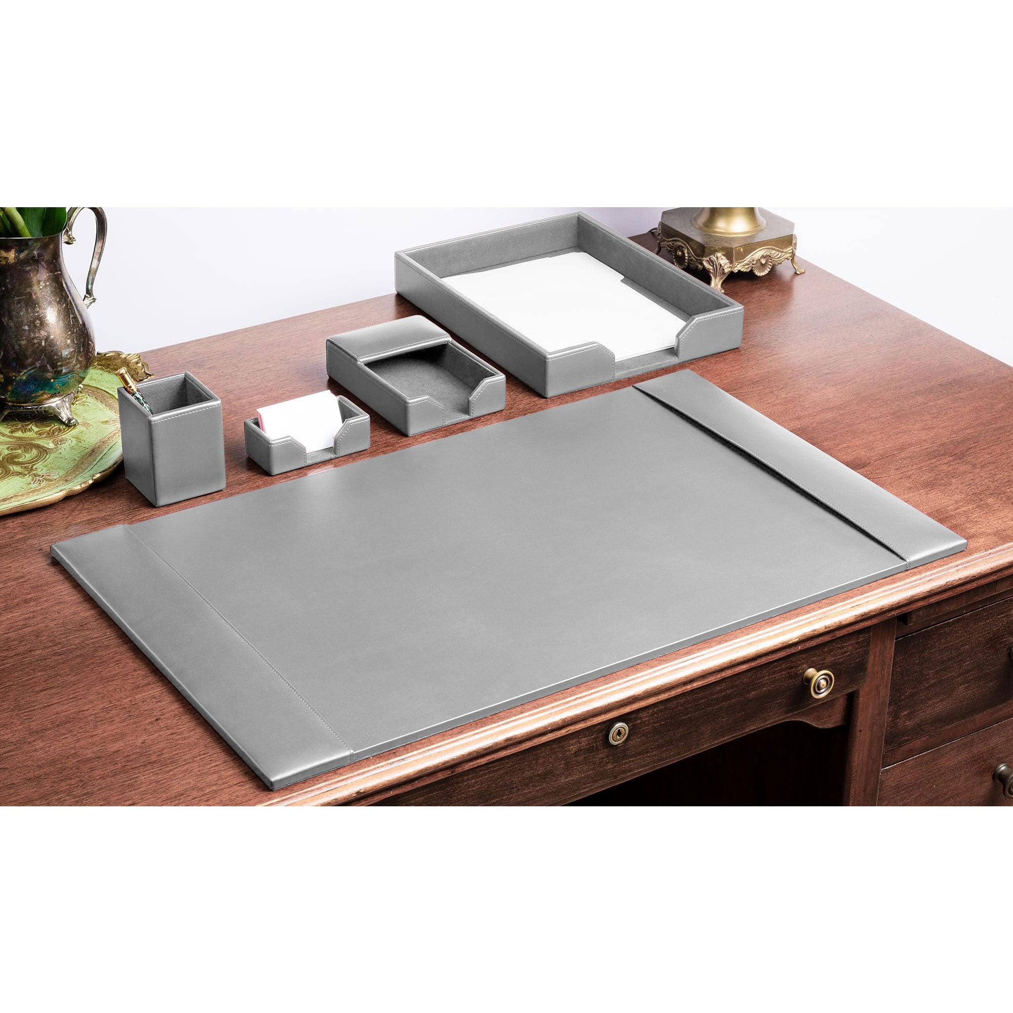 Gray Bonded Leather 5-Piece Desk Set