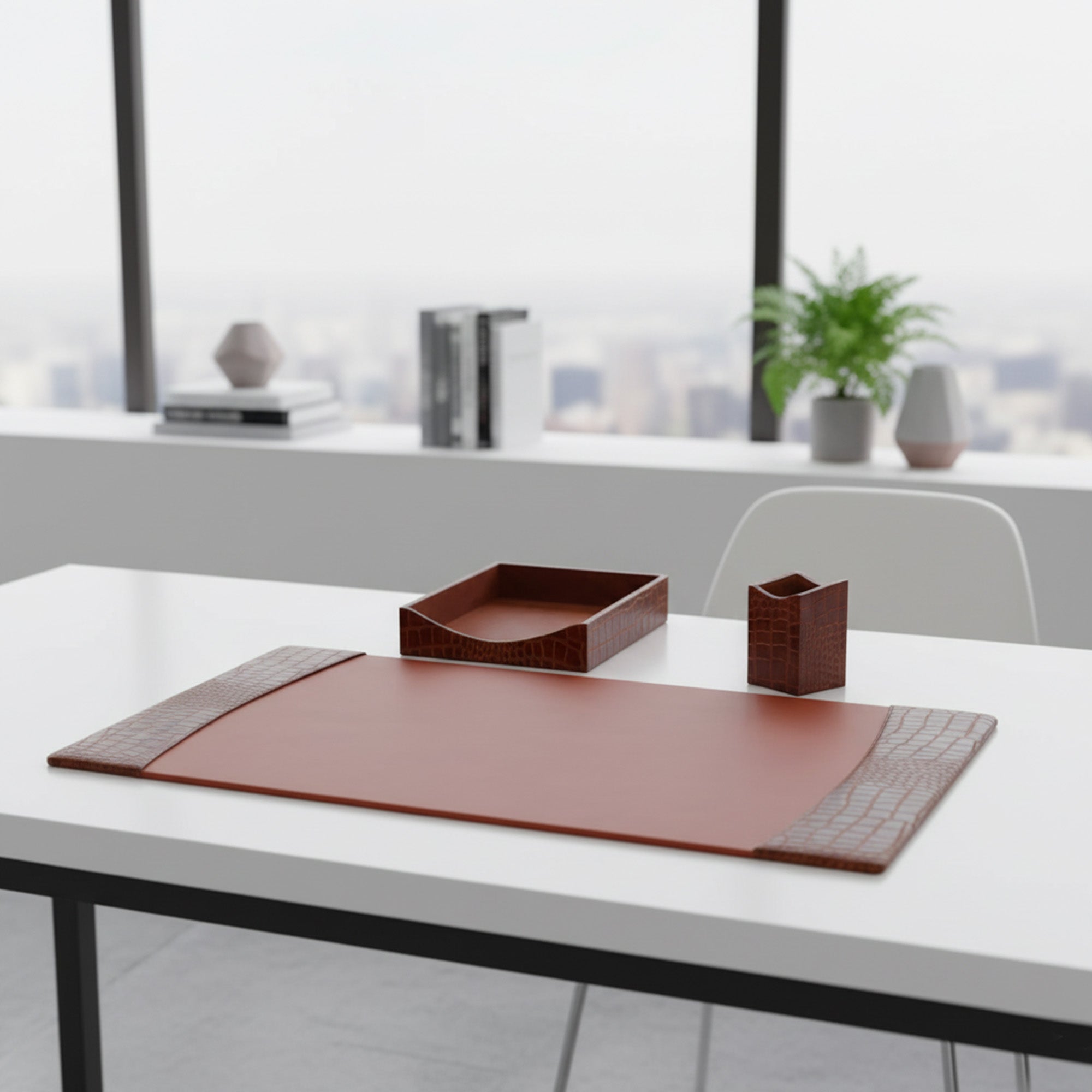 Protacini Cognac Brown Italian Crocodile Leather 3-Piece Desk Set