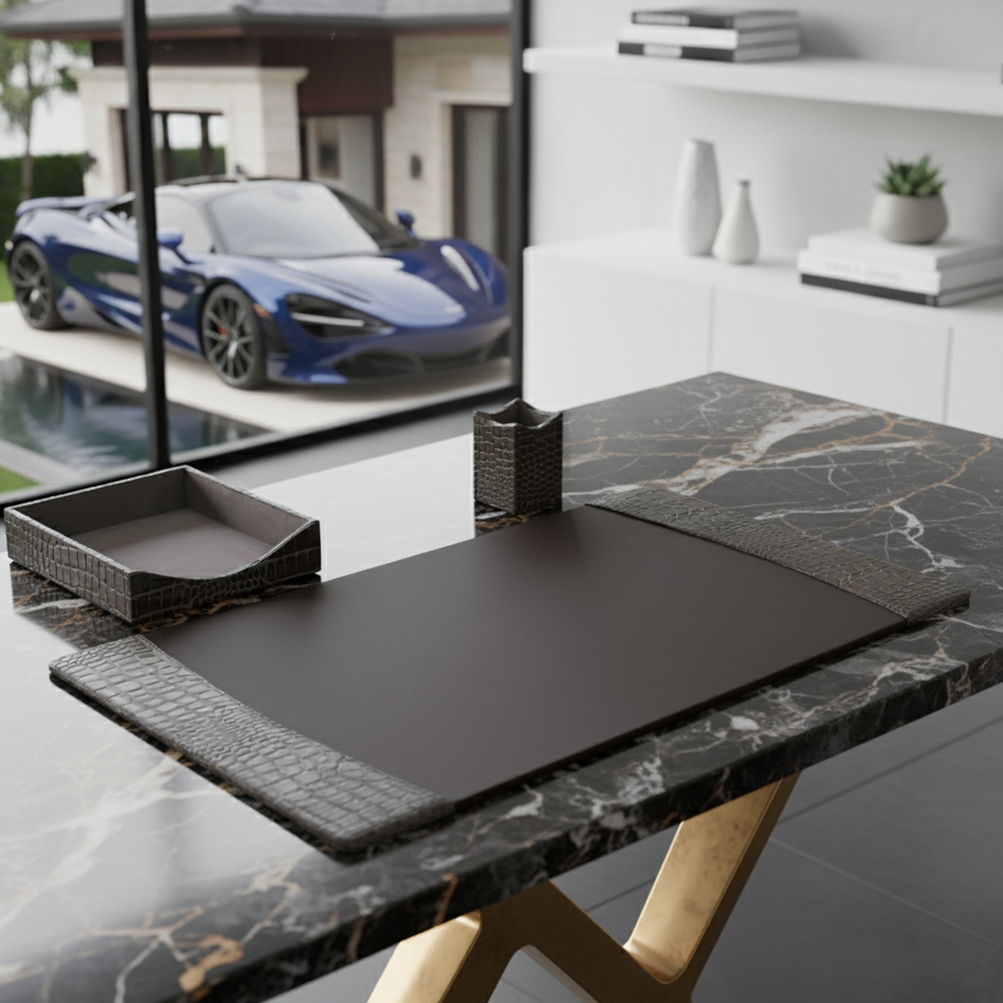 Protacini Castlerock Gray Italian Crocodile Leather 3-Piece Desk Set