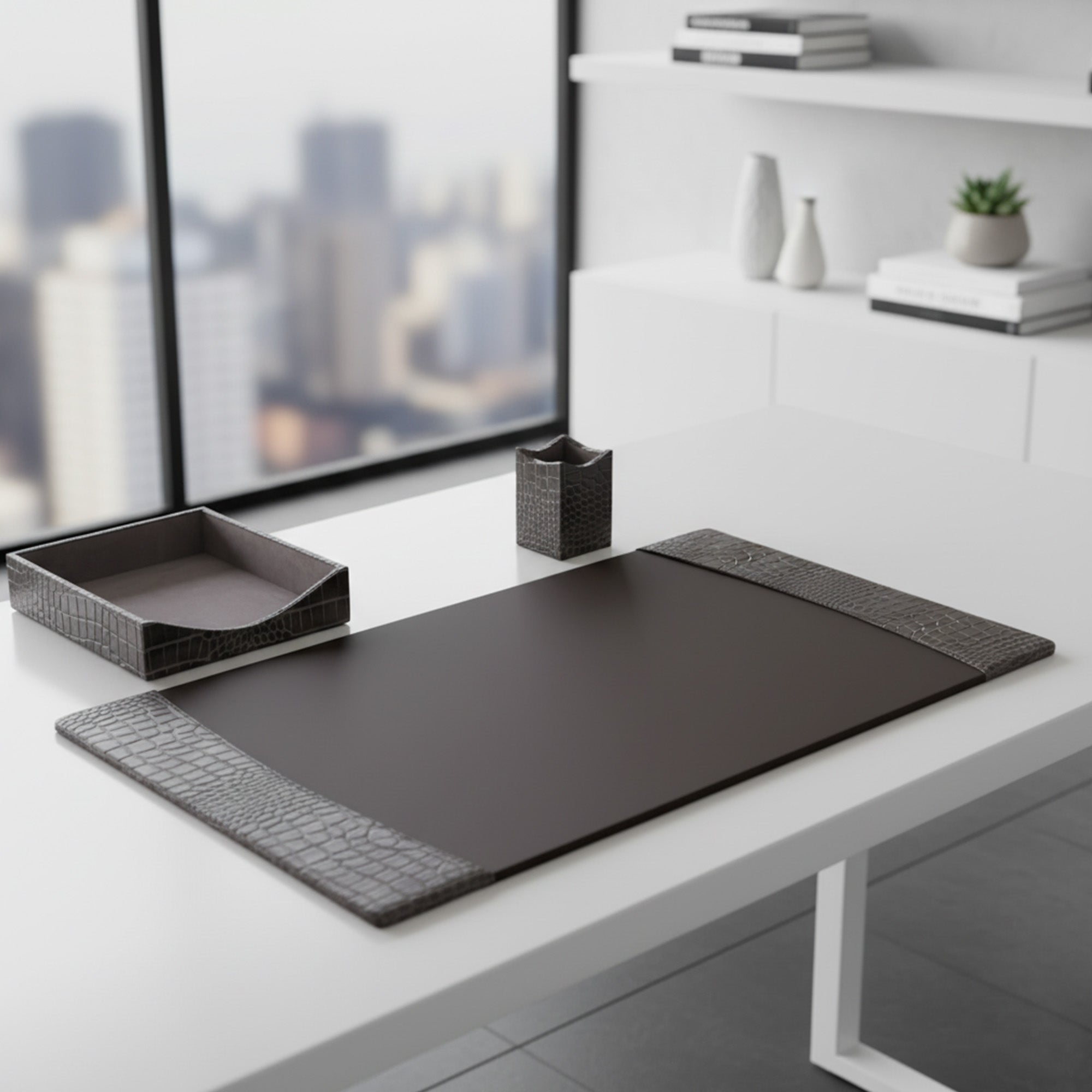 Protacini Castlerock Gray Italian Crocodile Leather 3-Piece Desk Set