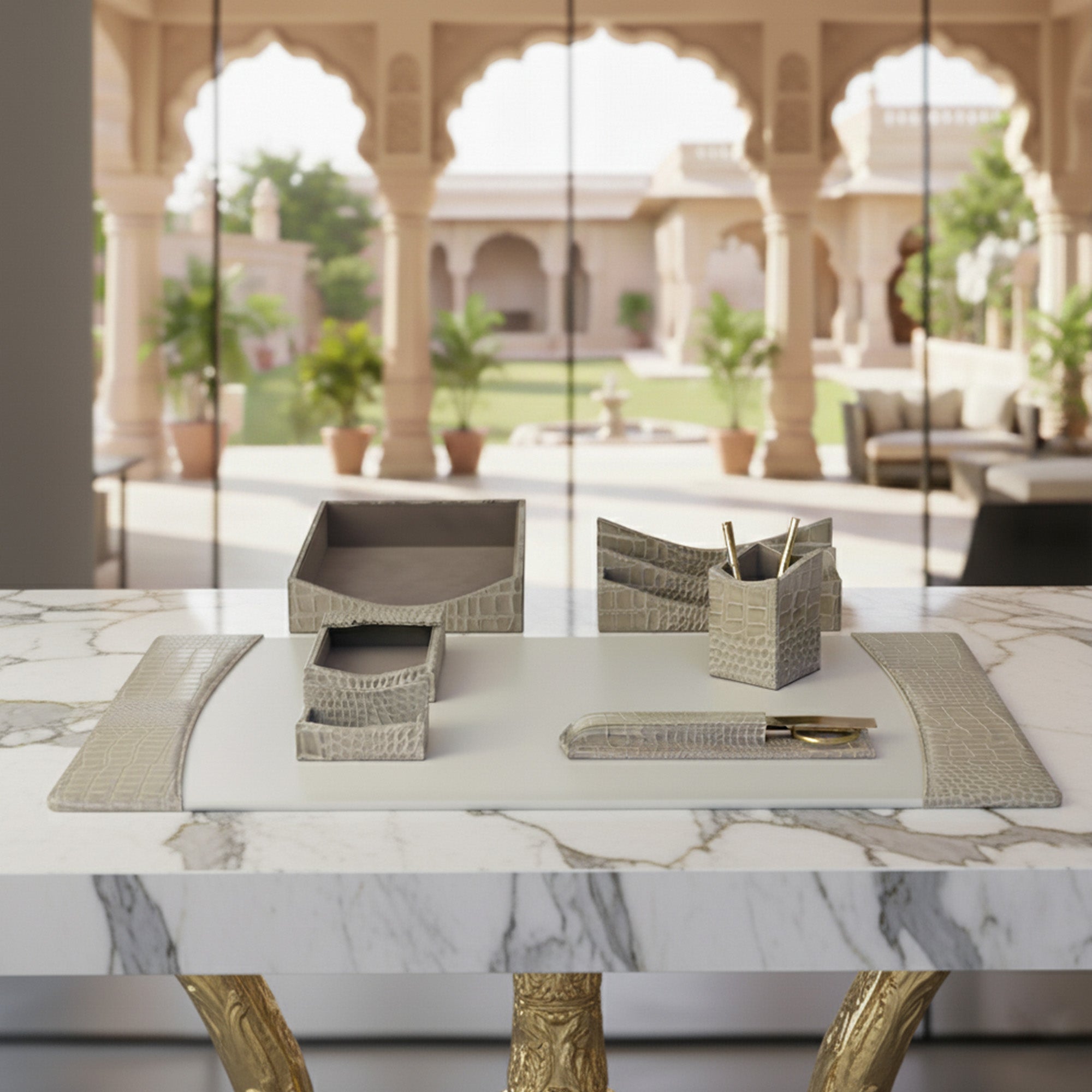 Protacini Breeze Beige Italian Crocodile Leather 7-Piece Desk Set