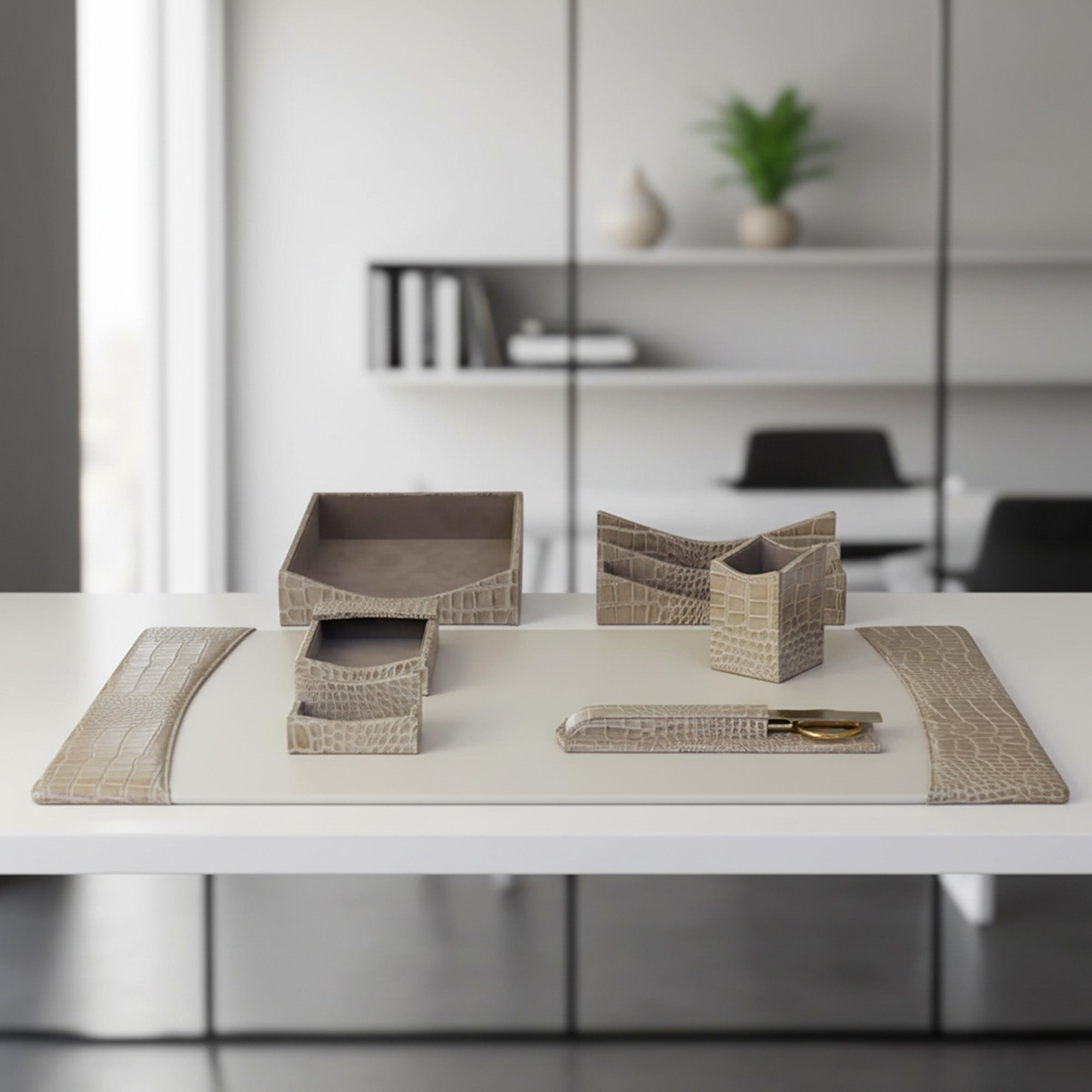 Protacini Breeze Beige Italian Crocodile Leather 7-Piece Desk Set