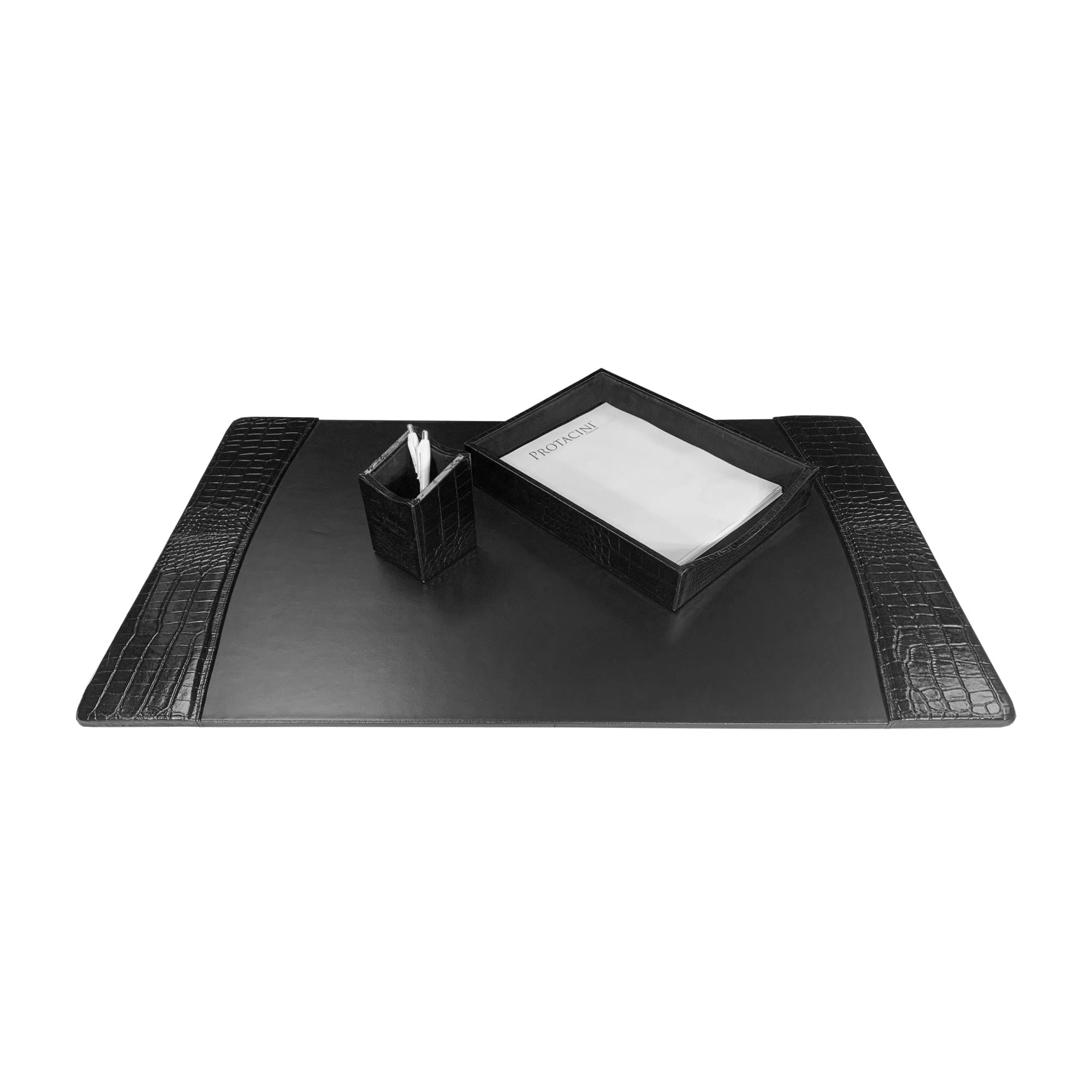 Protacini Black Italian Crocodile Leather 3-Piece Desk Set