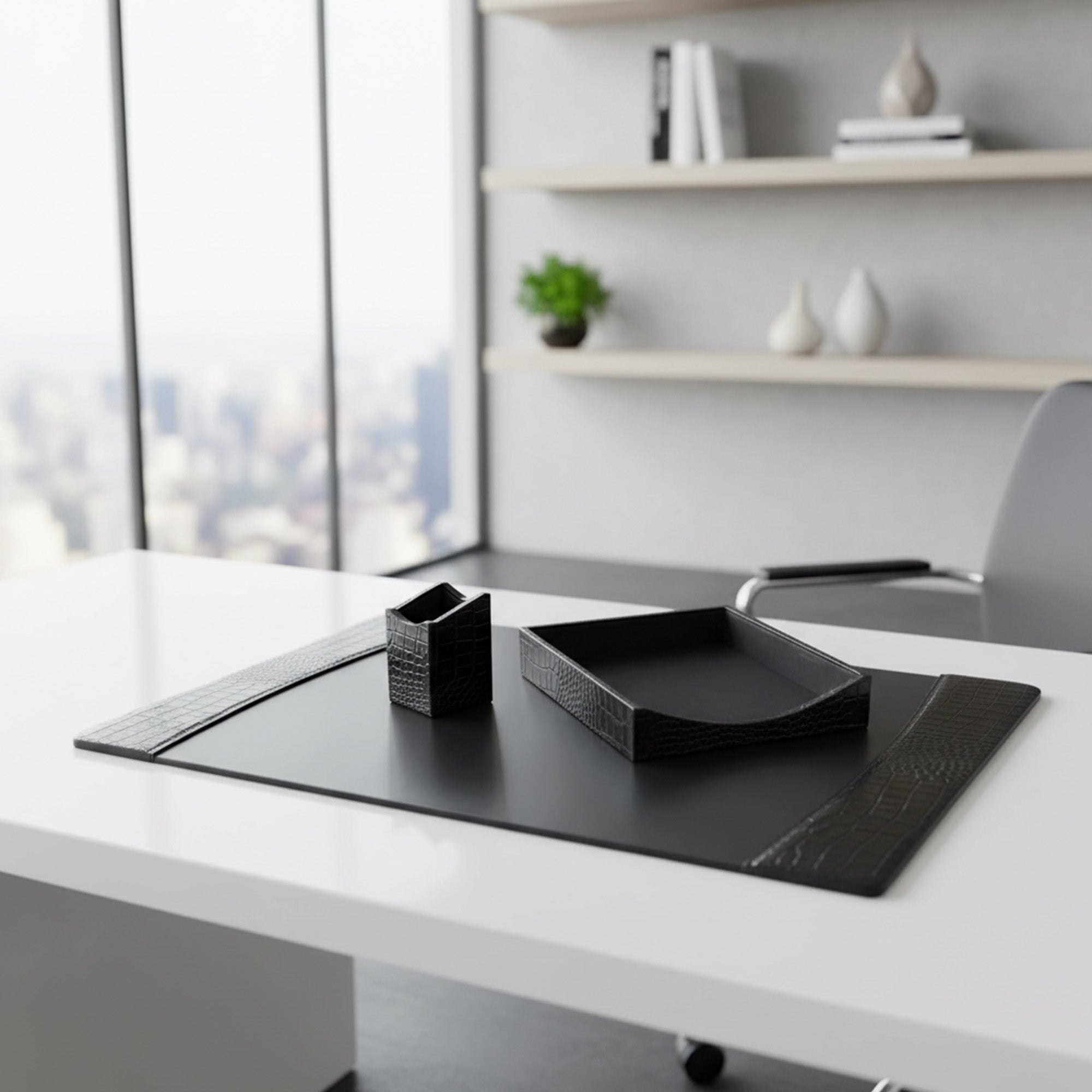 Protacini Black Italian Crocodile Leather 3-Piece Desk Set