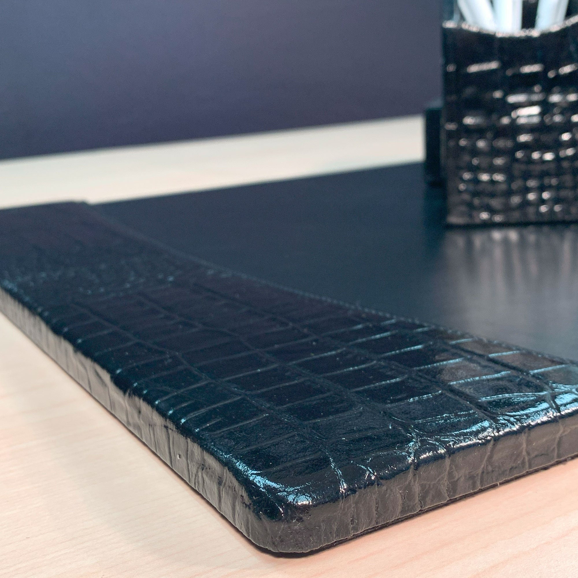 Protacini Black Italian Crocodile Leather 3-Piece Desk Set