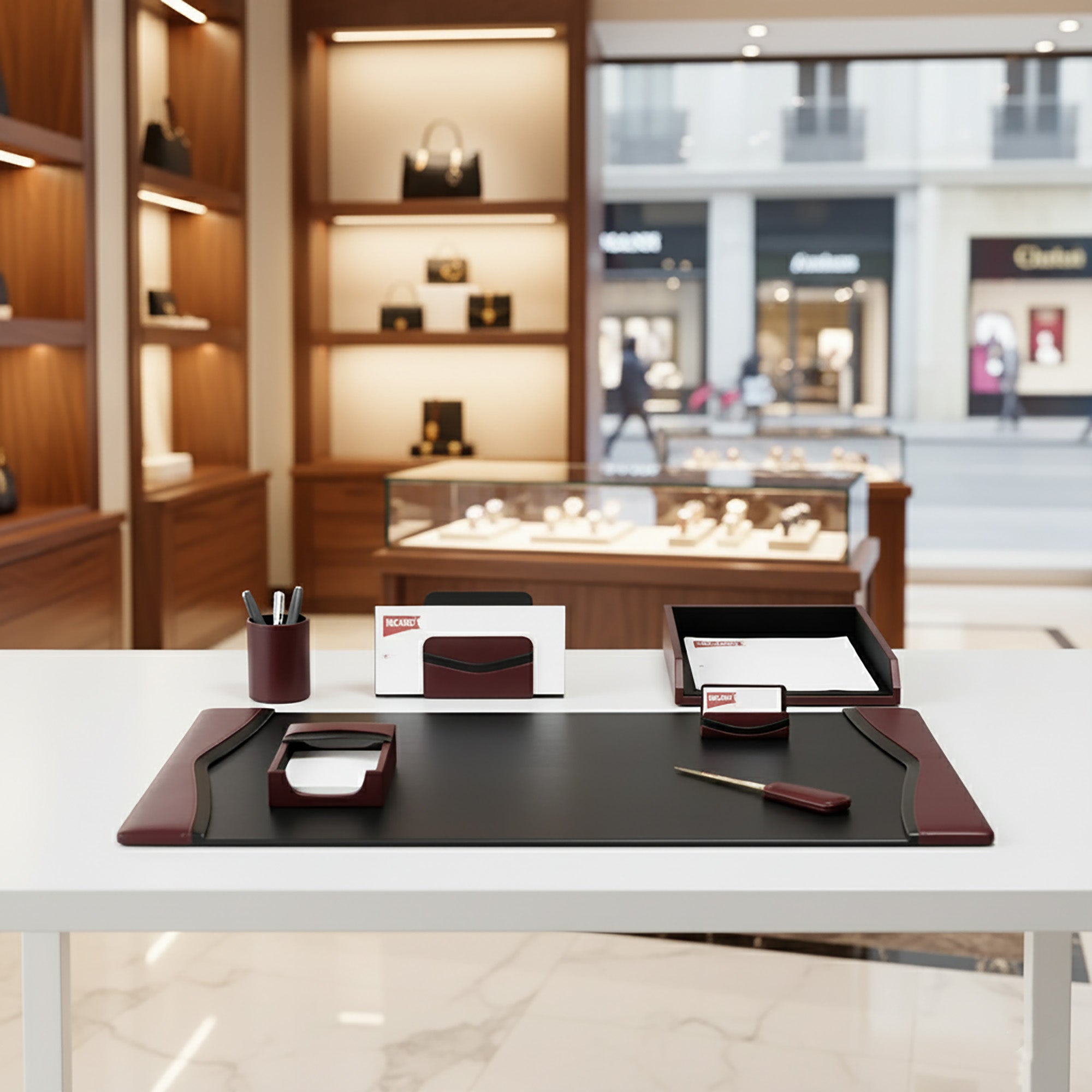 Burgundy Contemporary Leather 7-Piece Desk Set