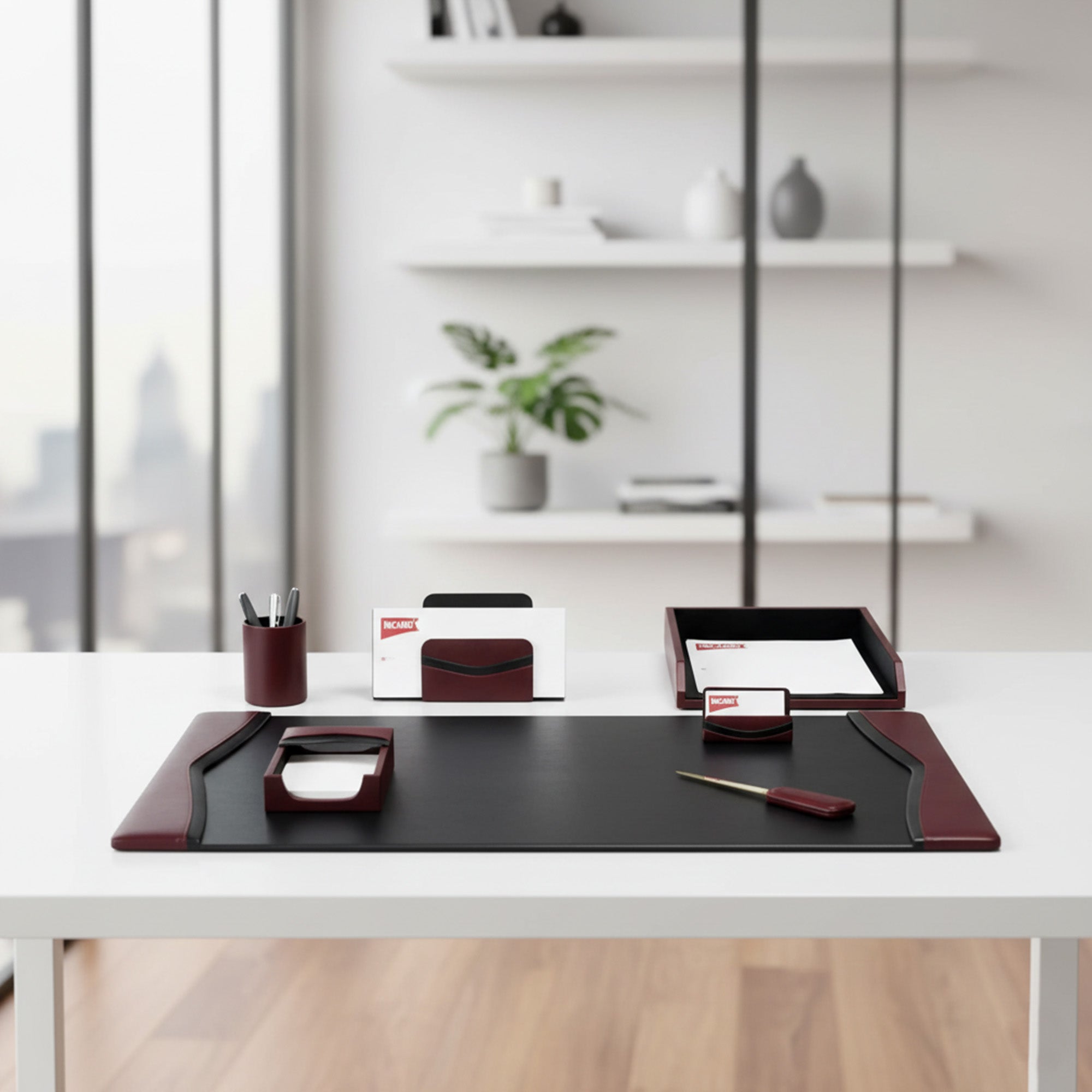 Burgundy Contemporary Leather 7-Piece Desk Set