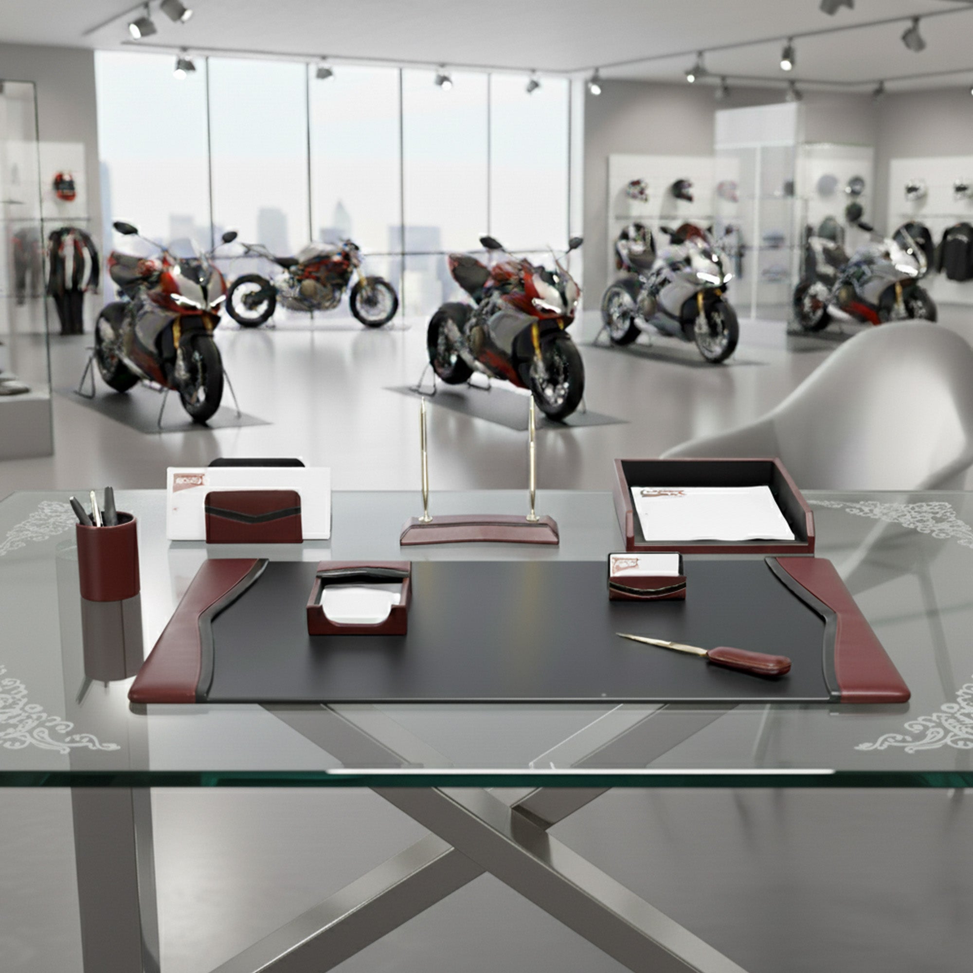 Burgundy Contemporary Leather 8-Piece Desk Set