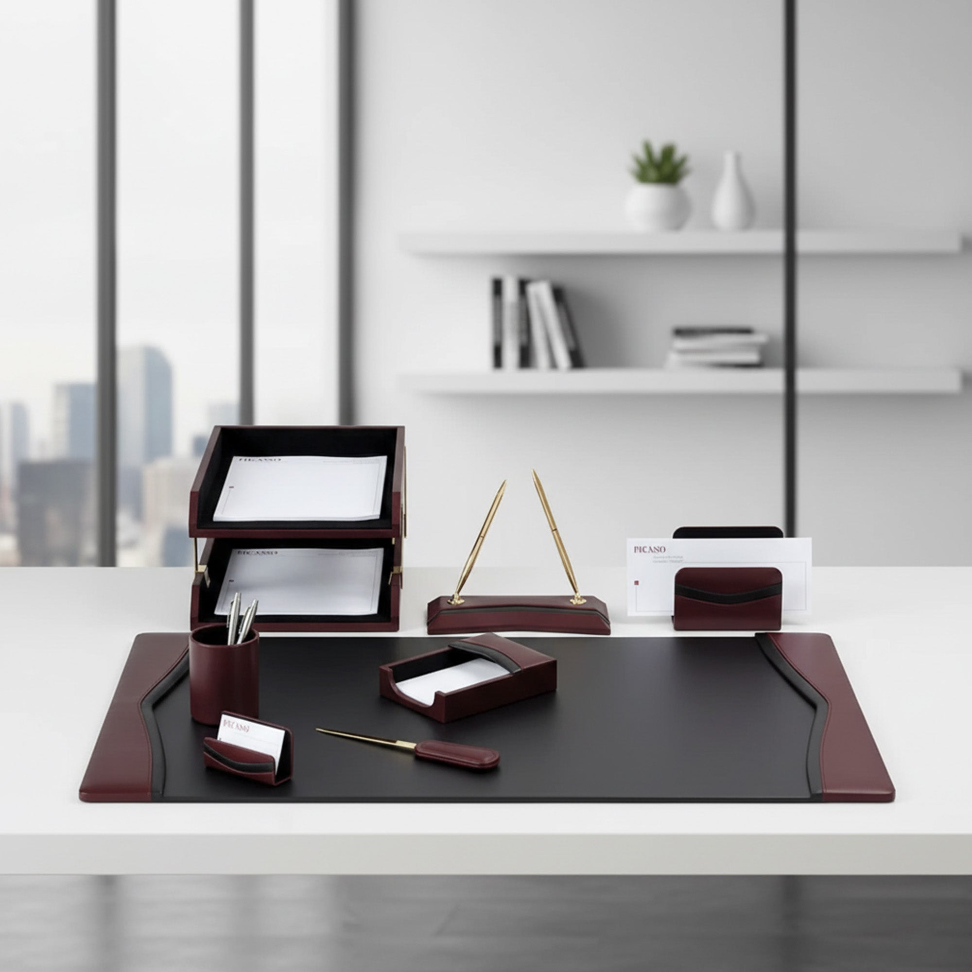 Burgundy Contemporary Leather 10-Piece Desk Set