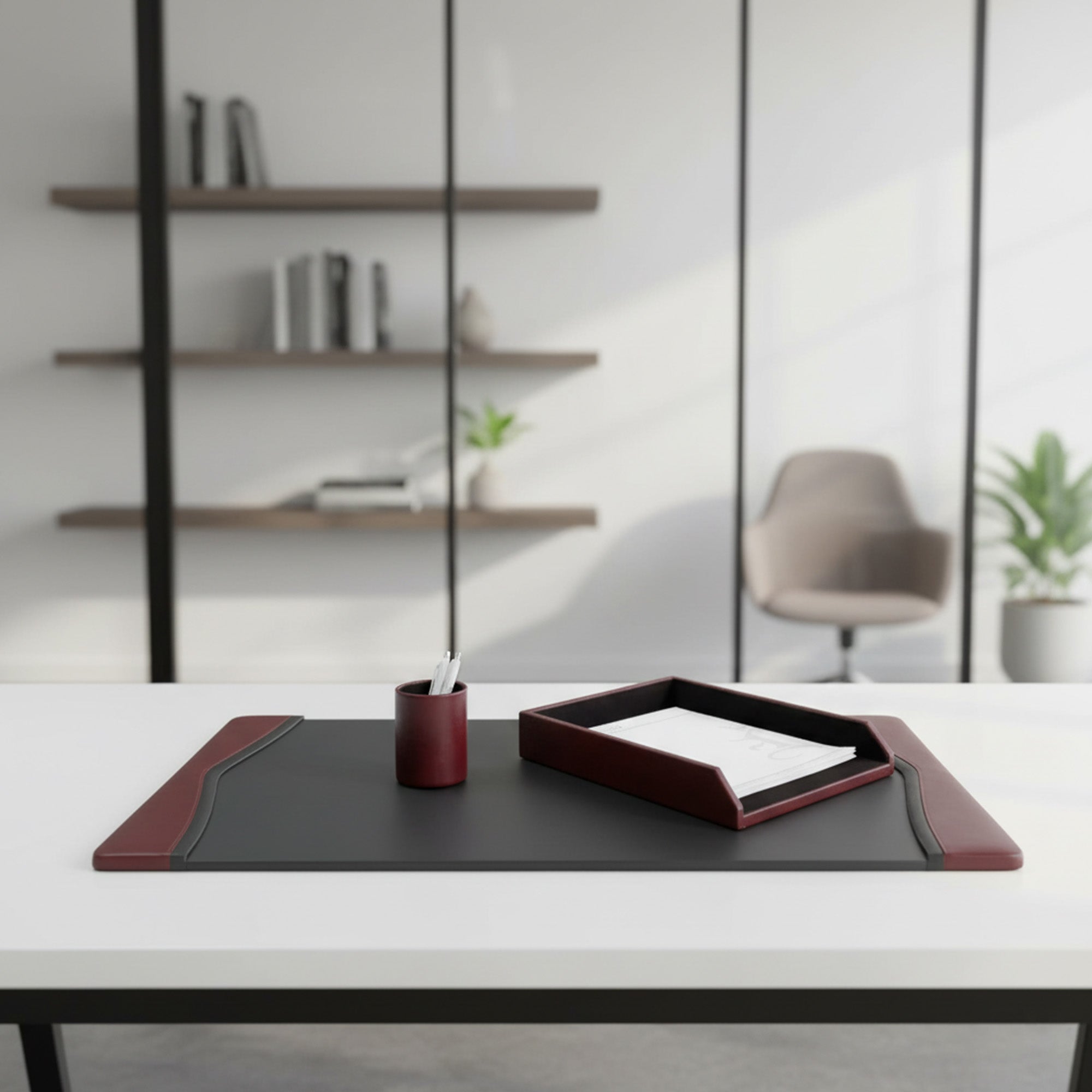 Burgundy Contemporary Leather 3-Piece Desk Set