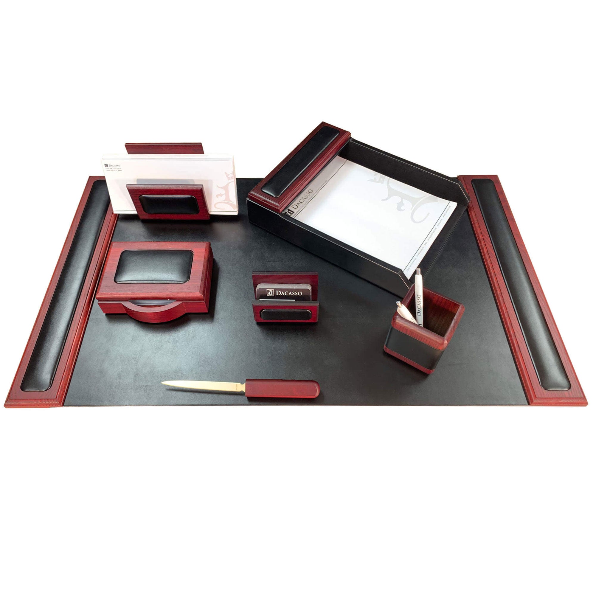 Mahogany (Rosewood) & Black Leather 7-Piece Desk Set