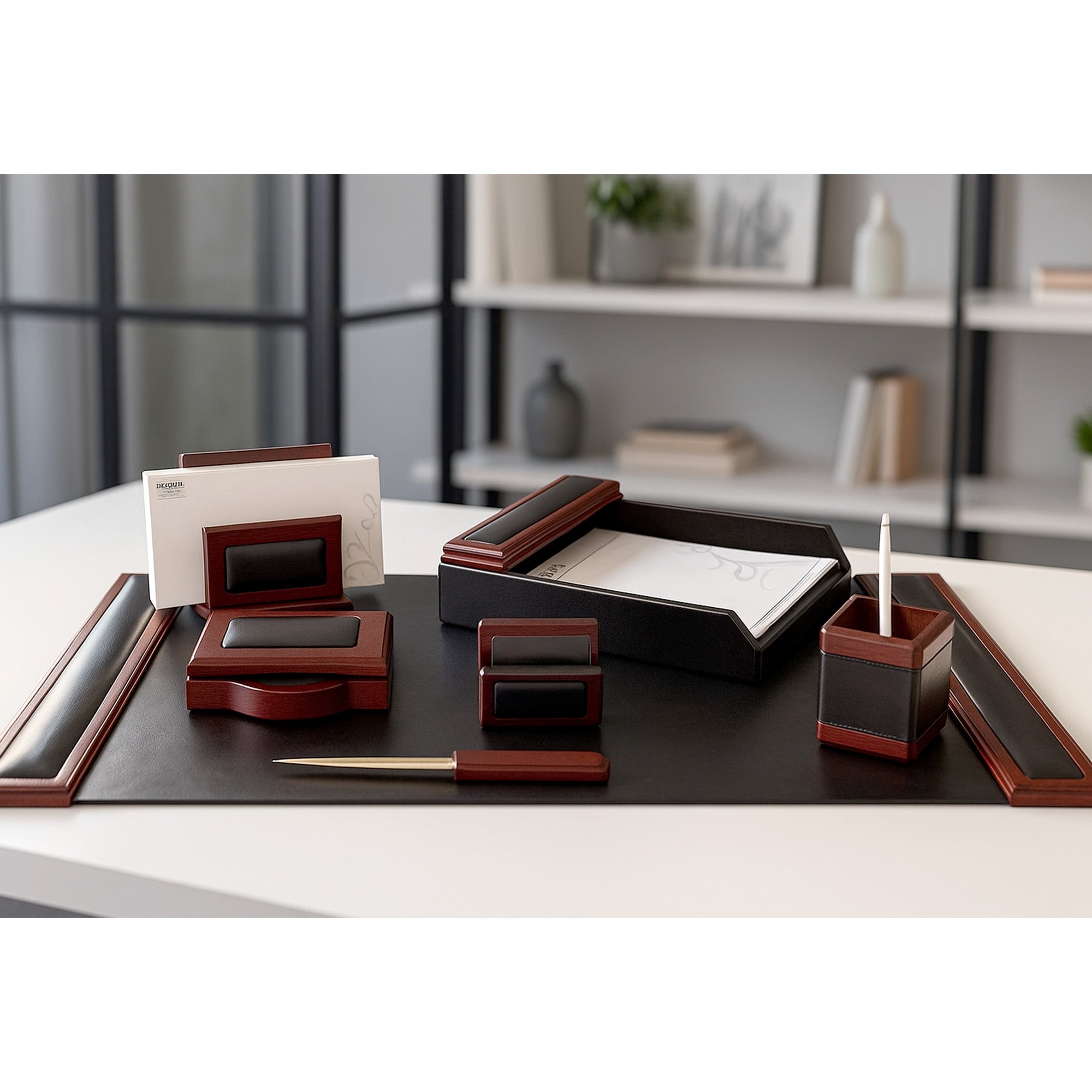 Mahogany (Rosewood) & Black Leather 7-Piece Desk Set