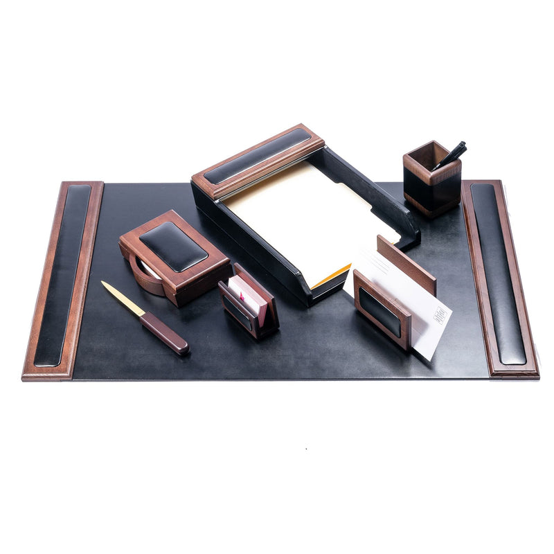 Walnut & Black Leather 7-Piece Desk Set