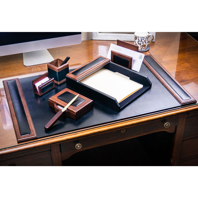 Walnut & Black Leather 7-Piece Desk Set