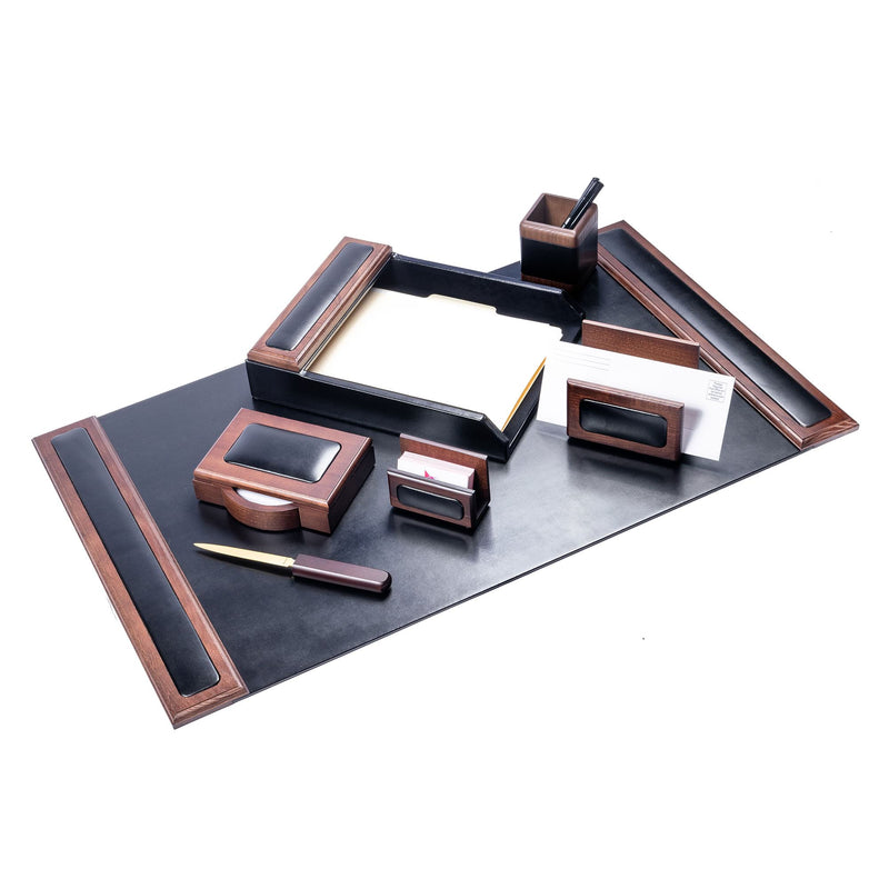 Walnut & Black Leather 7-Piece Desk Set