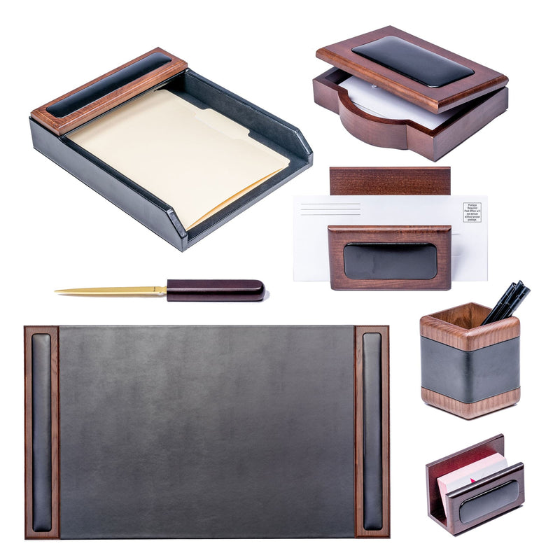 Walnut & Black Leather 7-Piece Desk Set