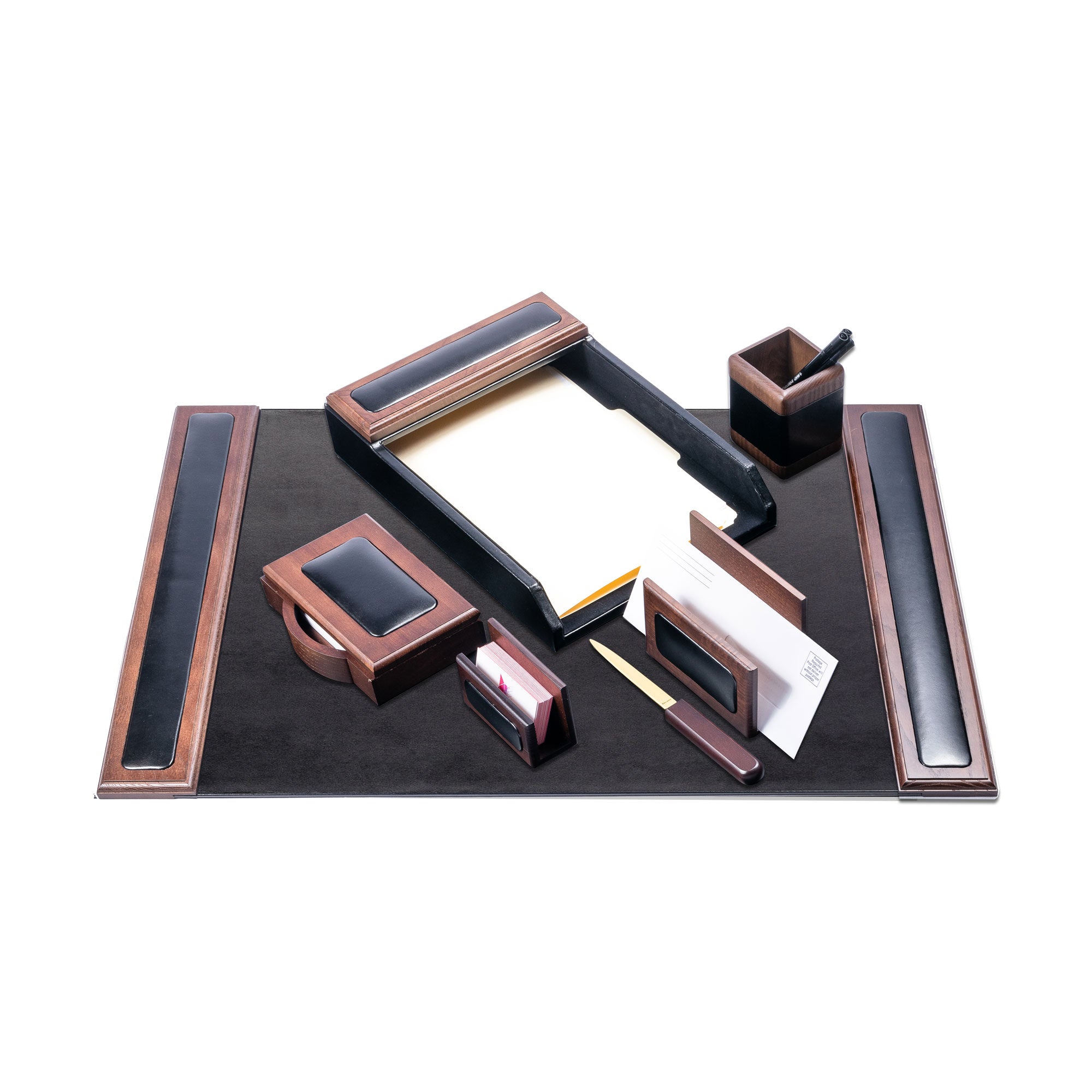 Walnut & Leather 7-Piece Desk Set with 25.5