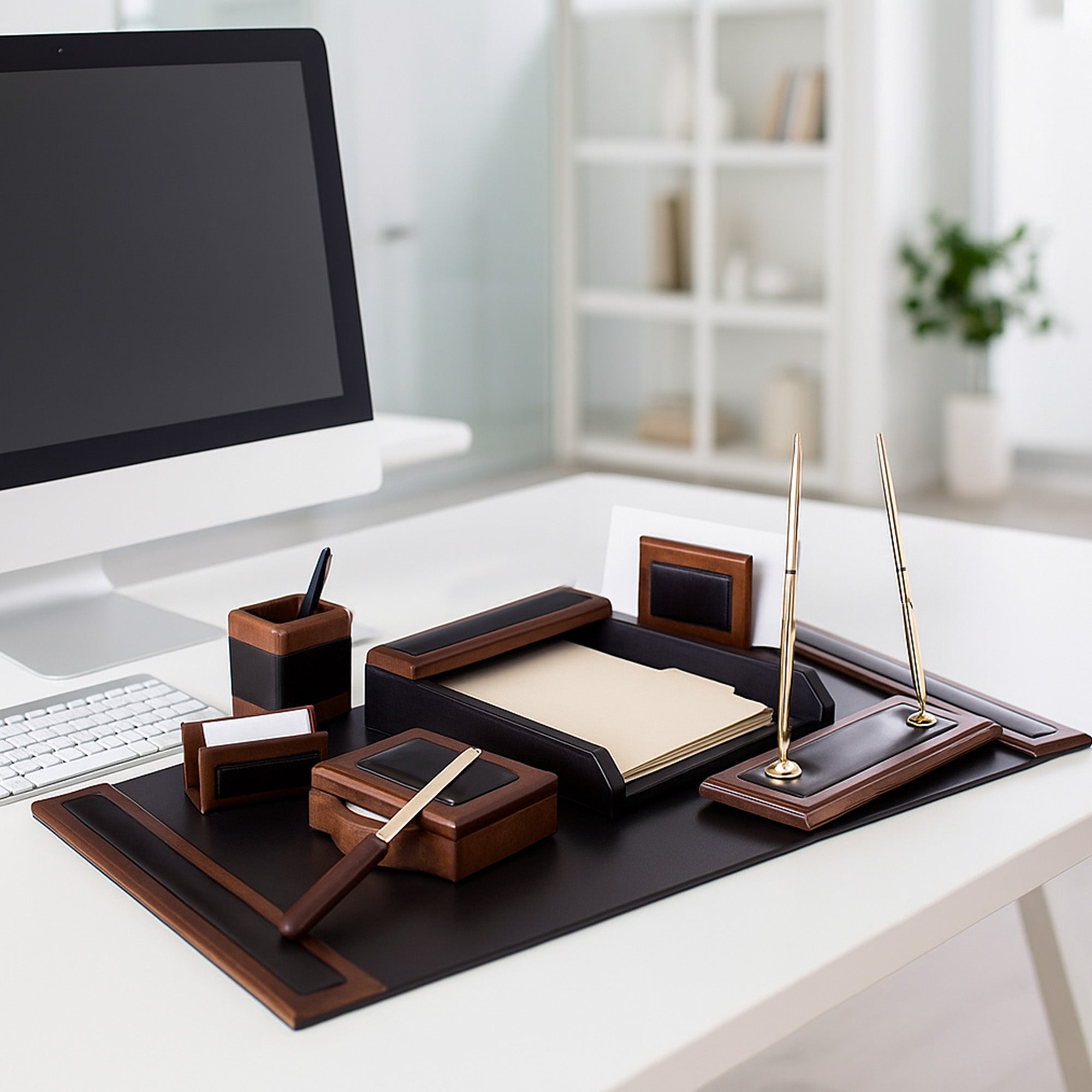 Walnut & Leather 8-Piece Desk Set