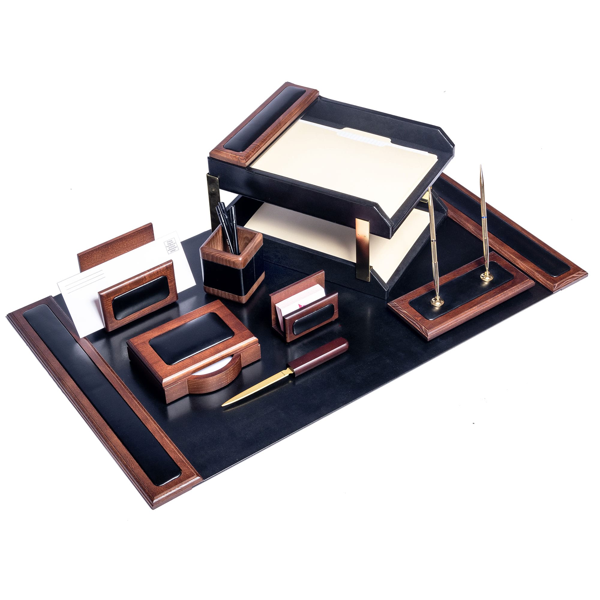 Walnut & Leather 10-Piece Desk Set