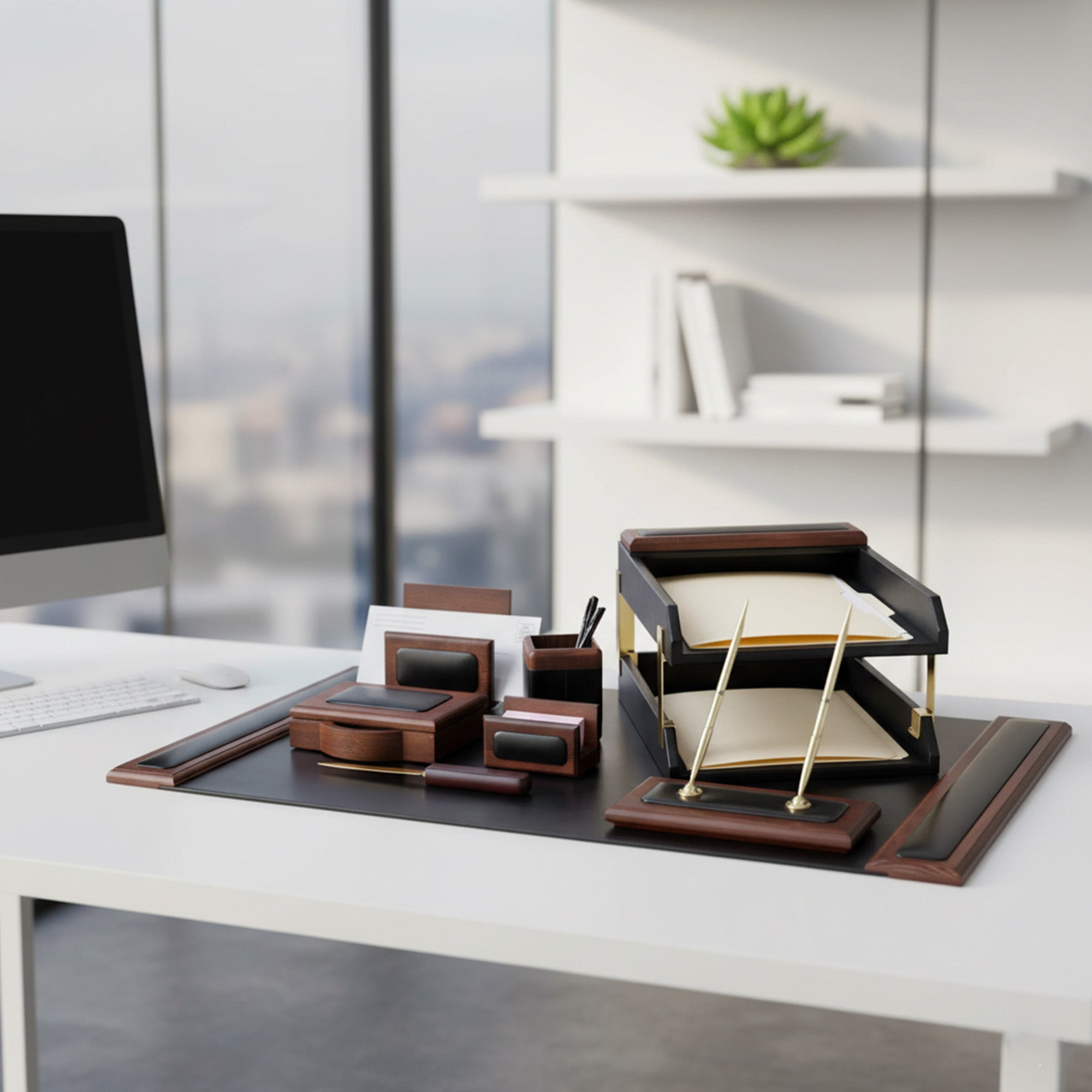 Walnut & Leather 10-Piece Desk Set