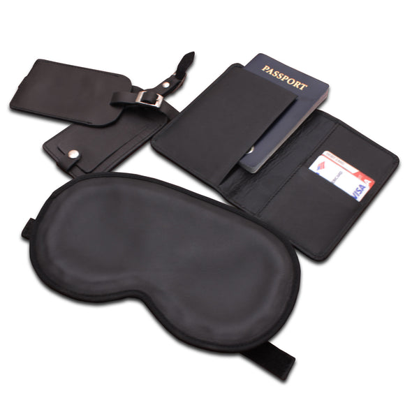 Black Leather 4-Piece Travel Accessory Set