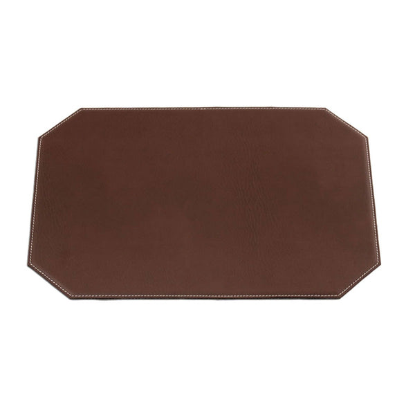 Brown 17" x 12" Leatherette Cut Corner Placemat w/ White Stitching