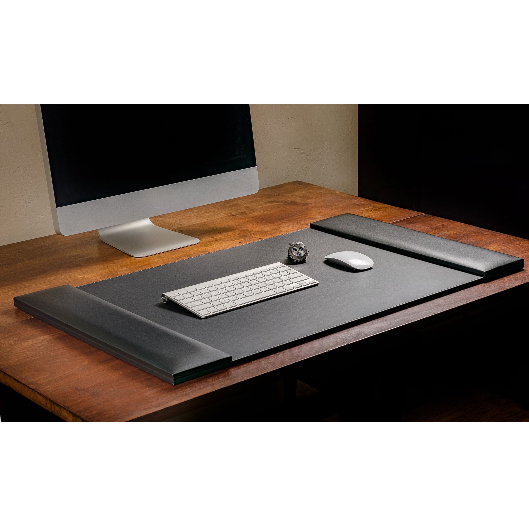 Classic Black Leather 34" x 20" Desk Mat with Folding Side Rails