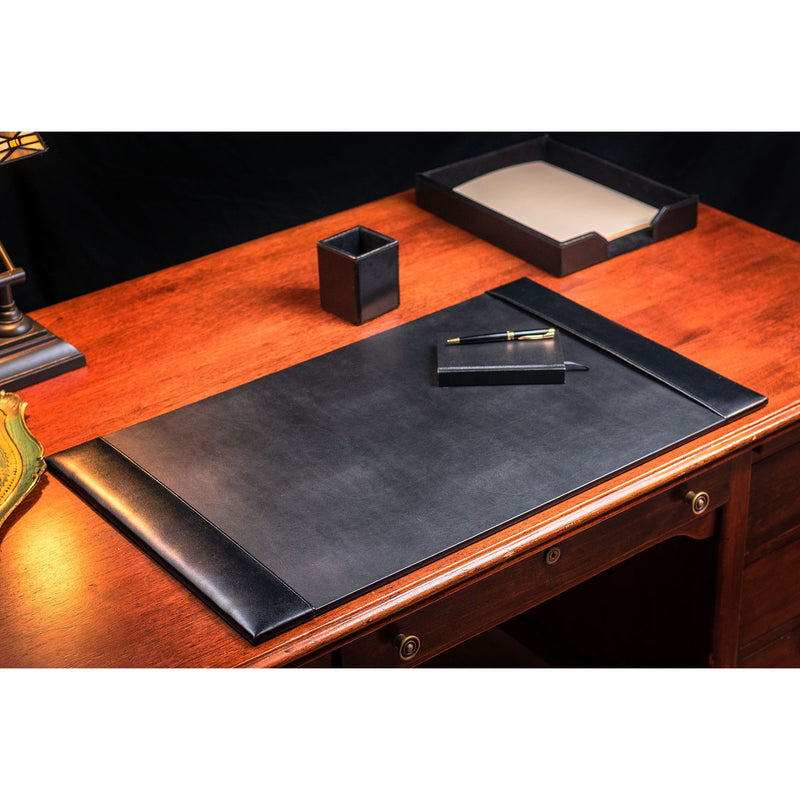 Black Bonded Leather Desk Pad w/ 2025 Calendar Insert, 30 x 18