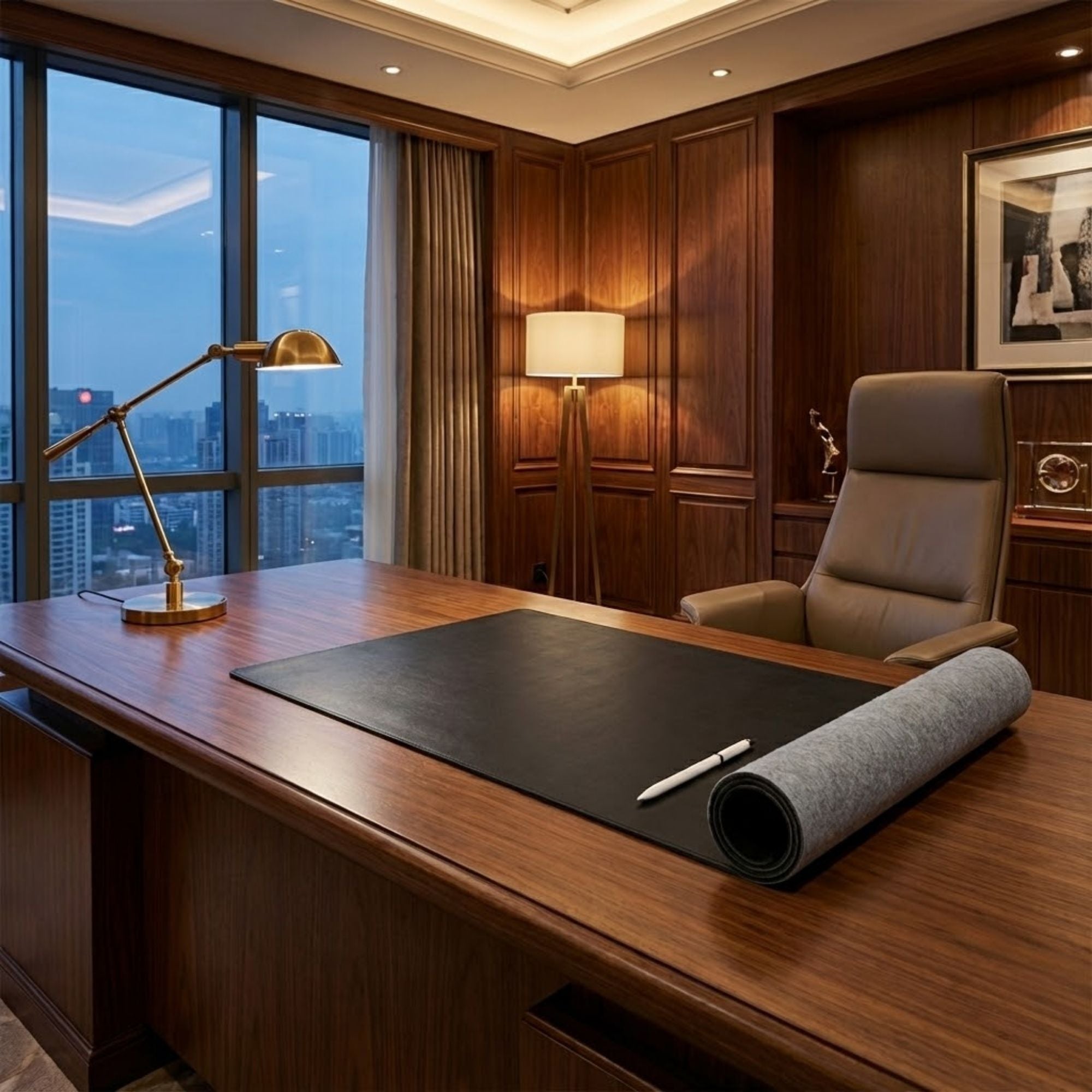 Black Bonded Leather 36" x 17" No Core Rollable Desk Mat/Pad