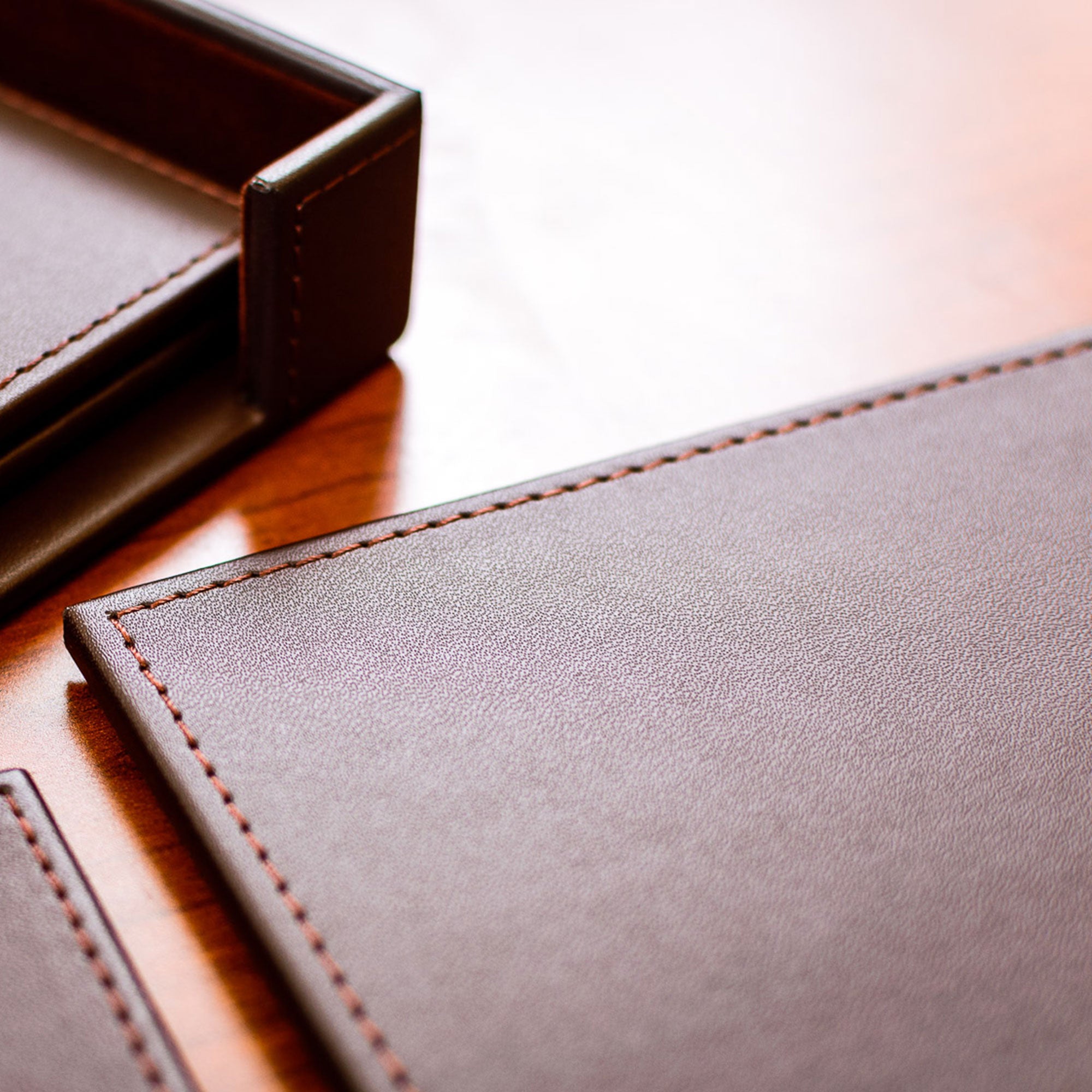 Chocolate Brown Leatherette 17" x 14" Conference Table Pad w/ Brown Tone-on-Tone Stitching