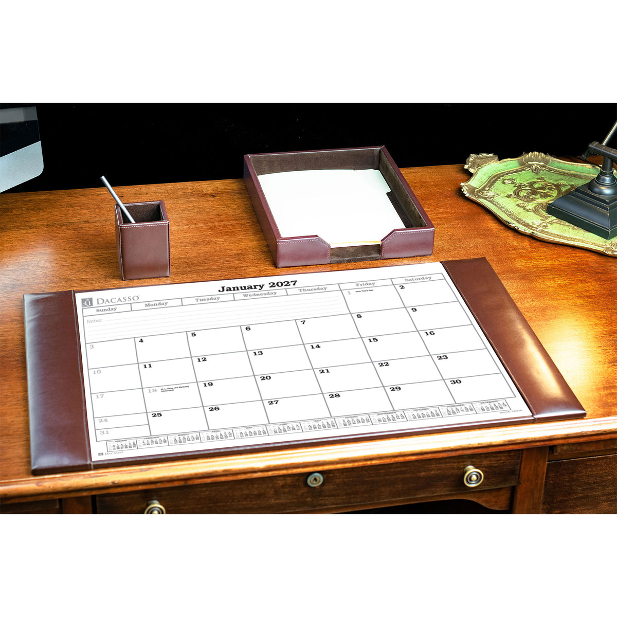 Dark Brown Bonded Leather Desk Pad w/ Calendar Insert, 30 x 18