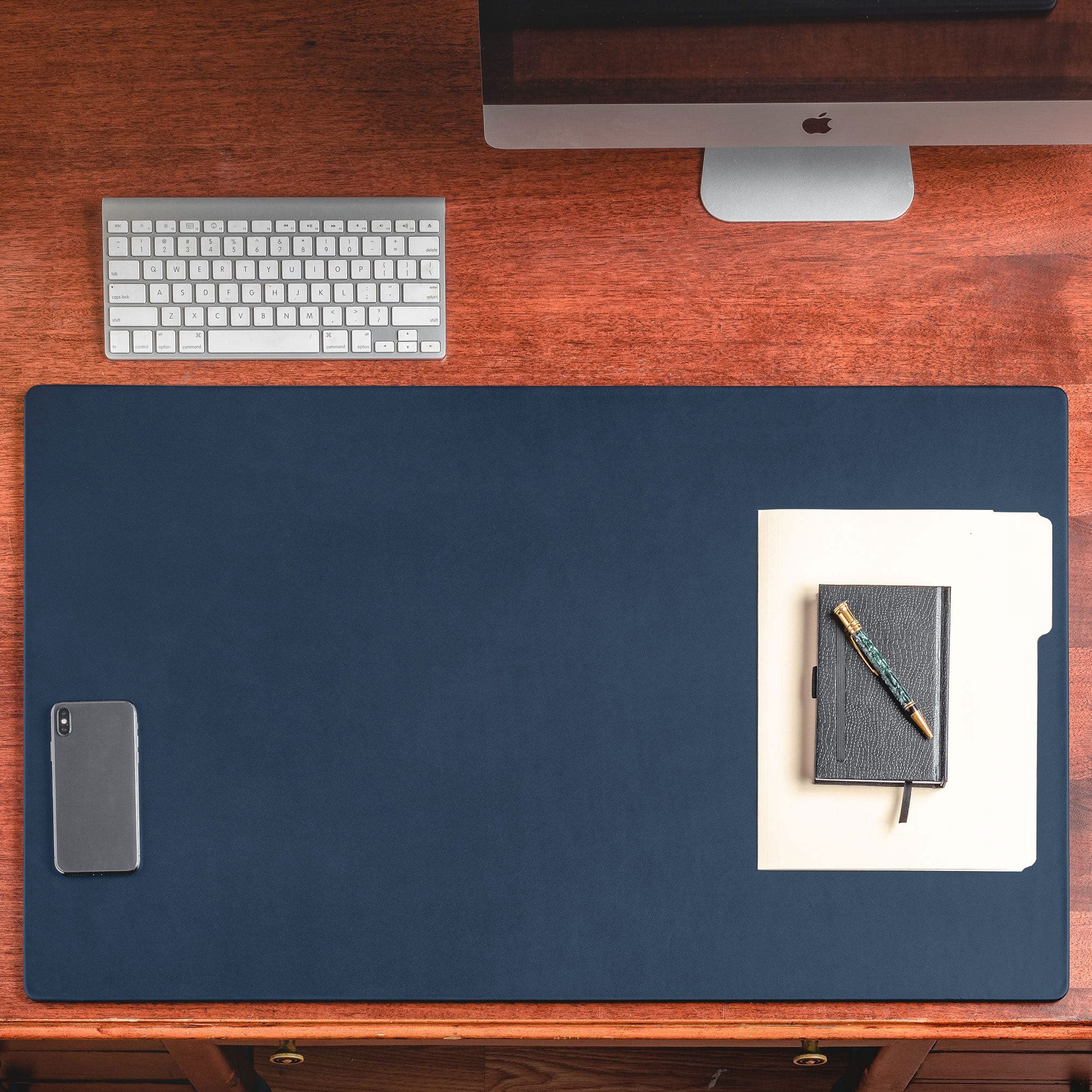 Navy Blue Leatherette Desk Pad w/out Rails, 34 x 20
