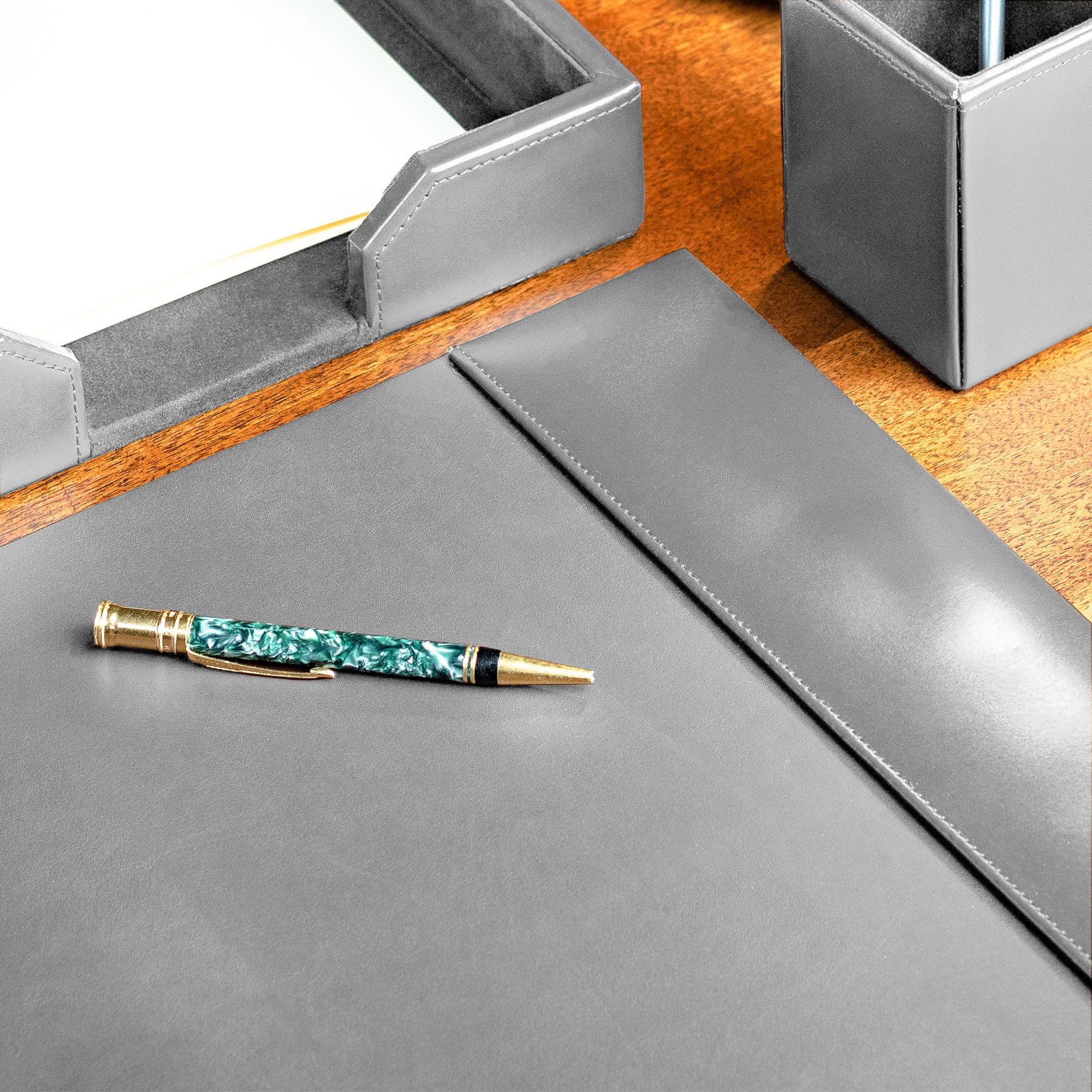 Gray Bonded Leather Desk Pad W/ Calendar Insert, 30 x 18