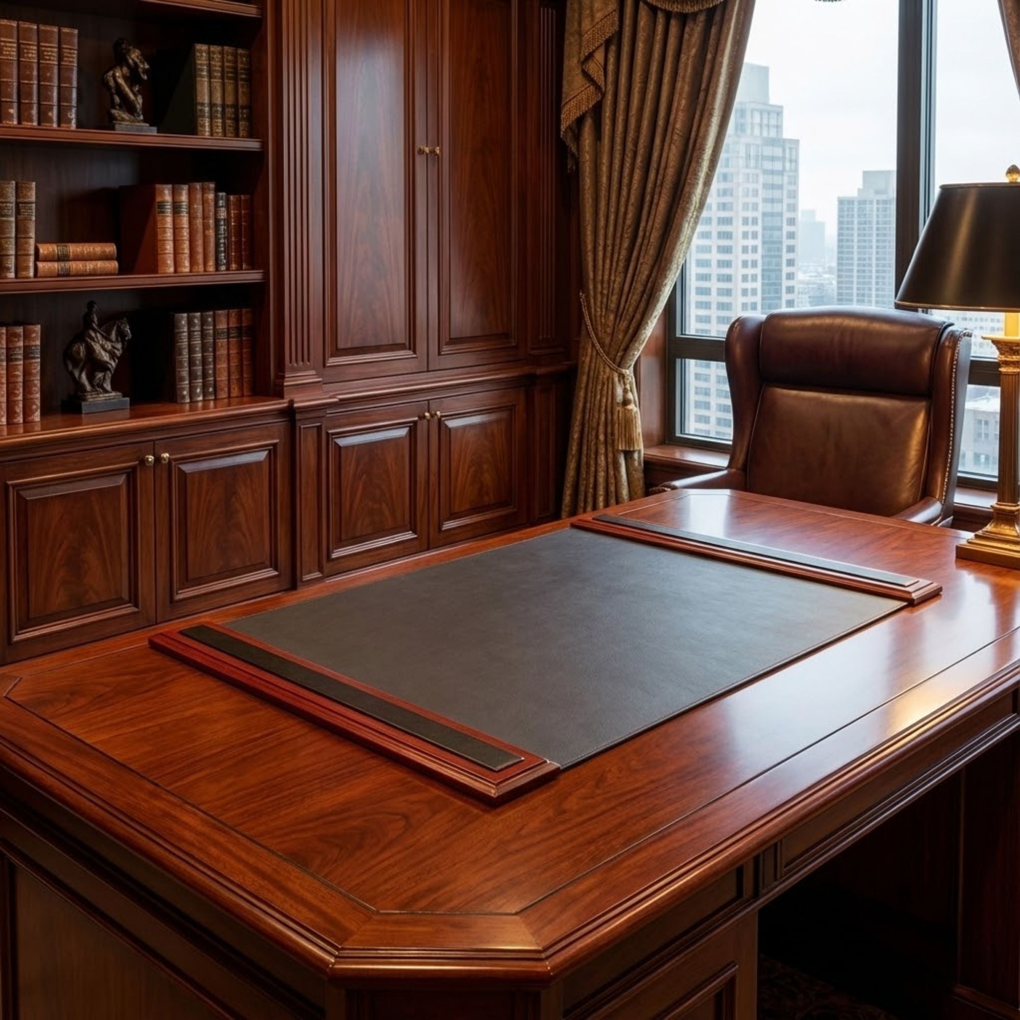 Mahogany (Rosewood) & Black Leather 34" x 20" Side-Rail Desk Pad