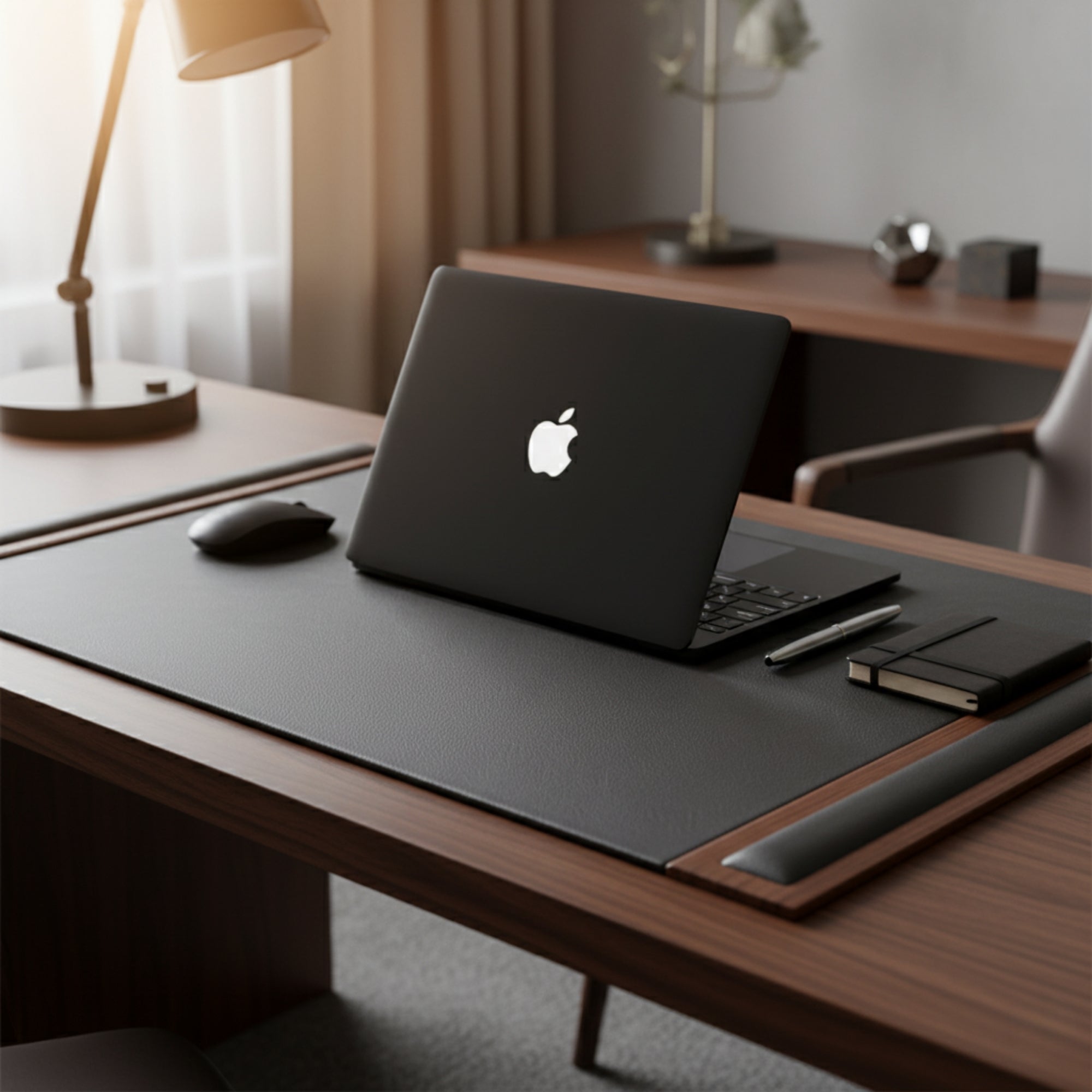 Walnut & Black Leather 34" x 20" Side-Rail Desk Pad