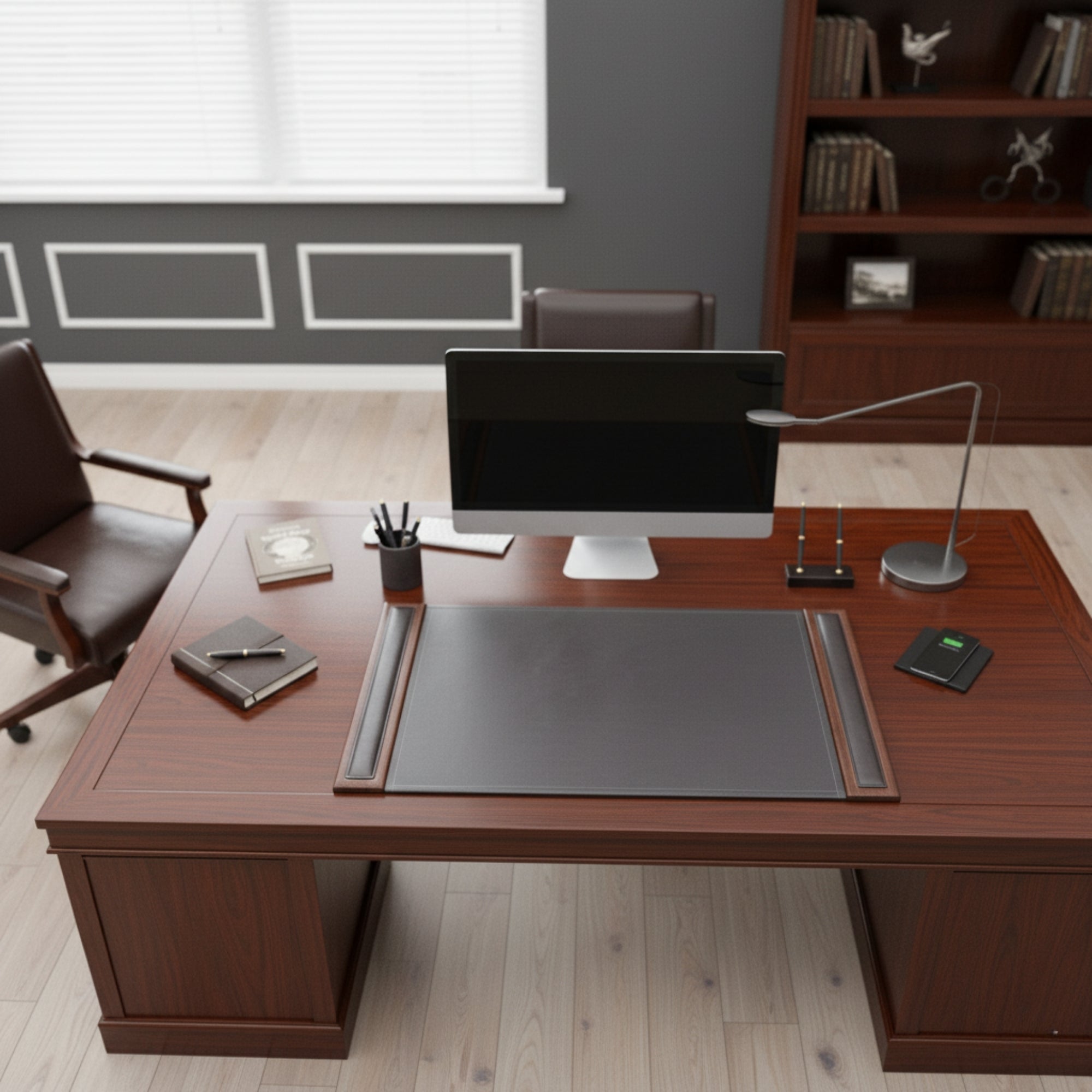 Walnut & Black Leather 34" x 20" Side-Rail Desk Pad