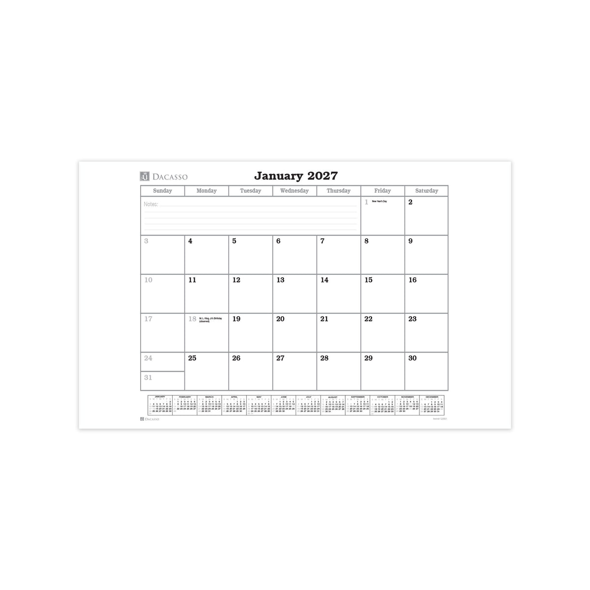 Desk Pad Monthly 2027 Calendar Insert, 24.5" x 16"