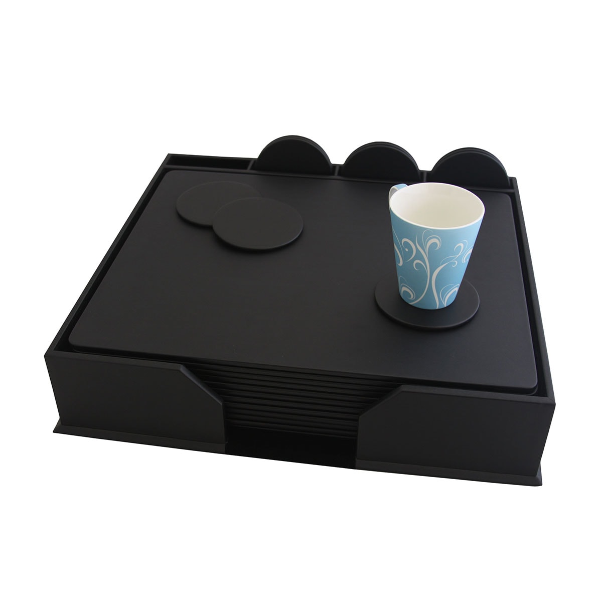 12 Seat Black Leather Conference Room Set w/ Round Coasters, 17 x 14 Size Pads