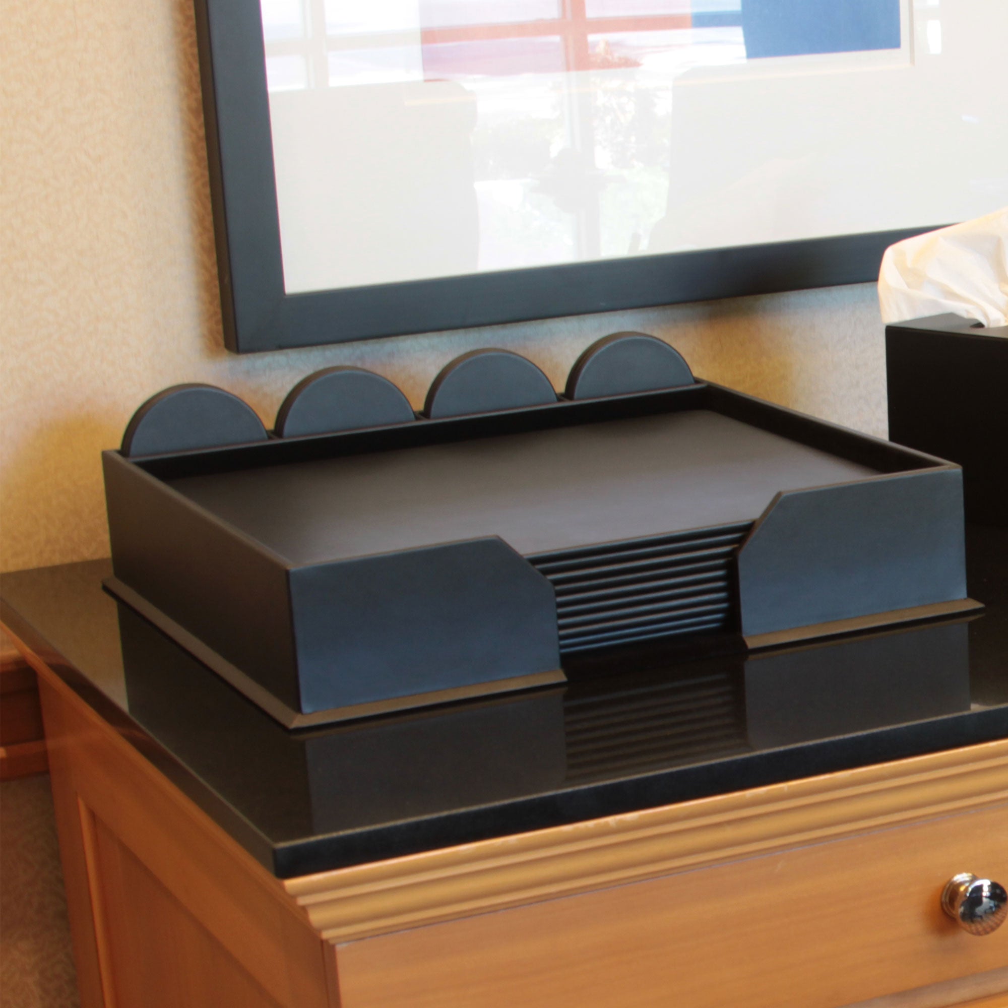 12 Seat Black Leatherette Conference Room Set w/ Round Coasters, 17 x 14 Size Pads