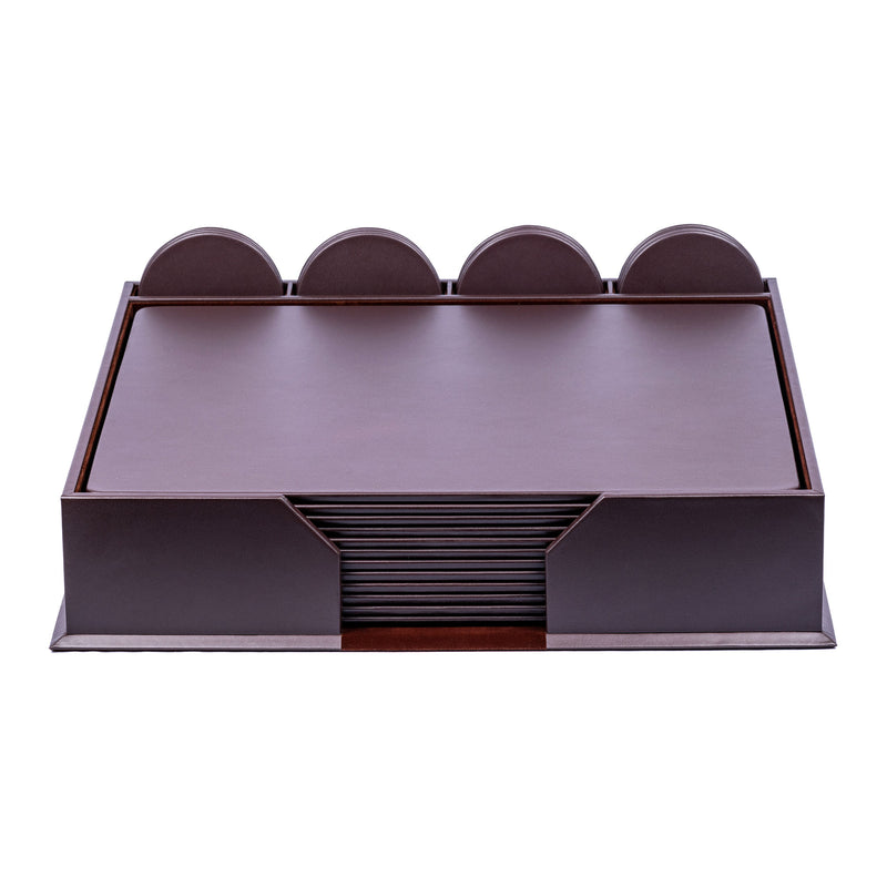 12 Seat Chocolate Brown Leather Conference Room Set w/ Round Coasters