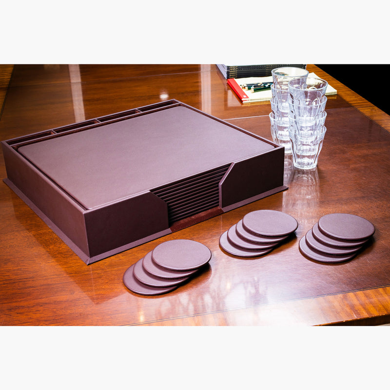 12 Seat Chocolate Brown Leather Conference Room Set w/ Round Coasters