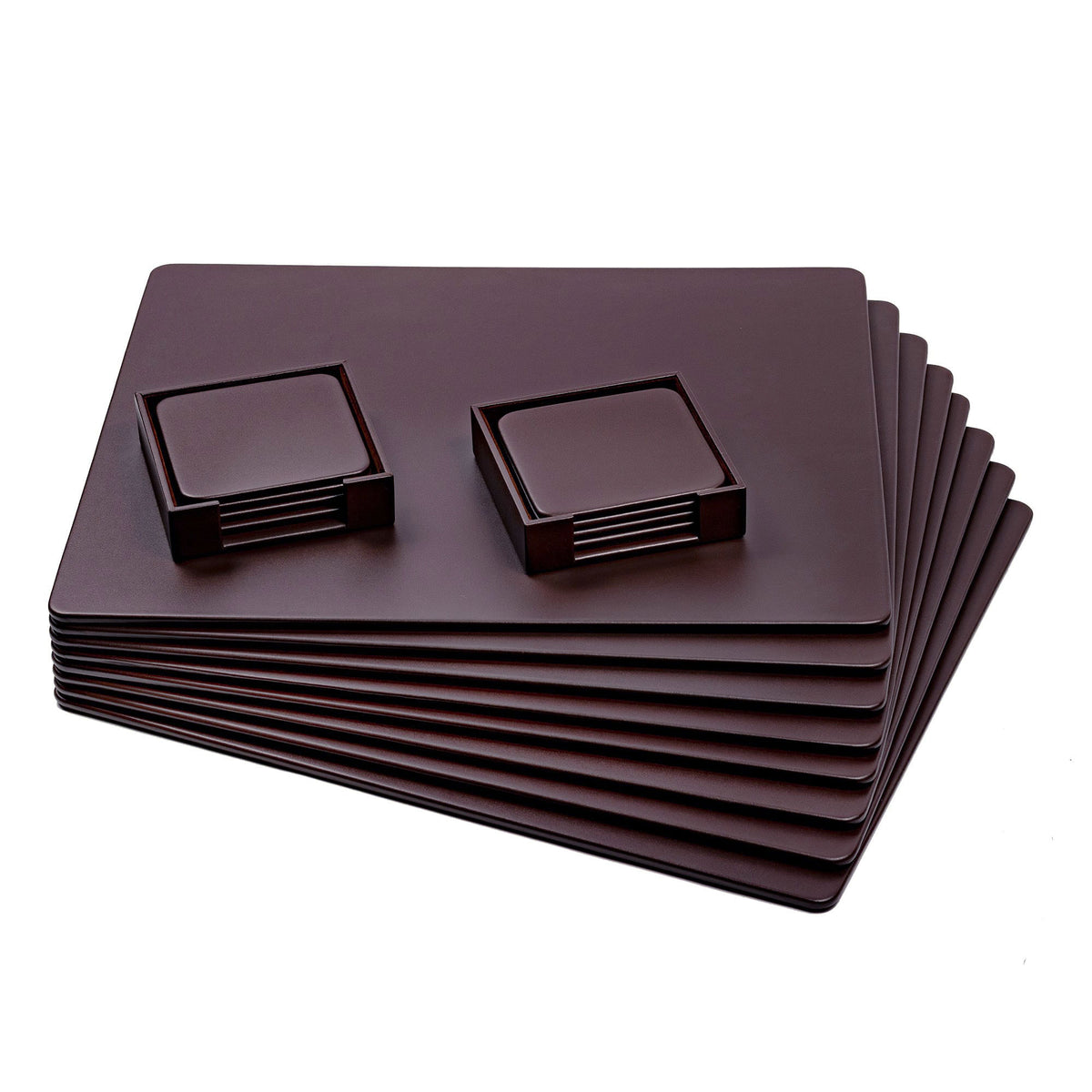 8 Seat Chocolate Brown Leather Conference Room Set w/ Square Coasters, 17 x 14 Size Pads